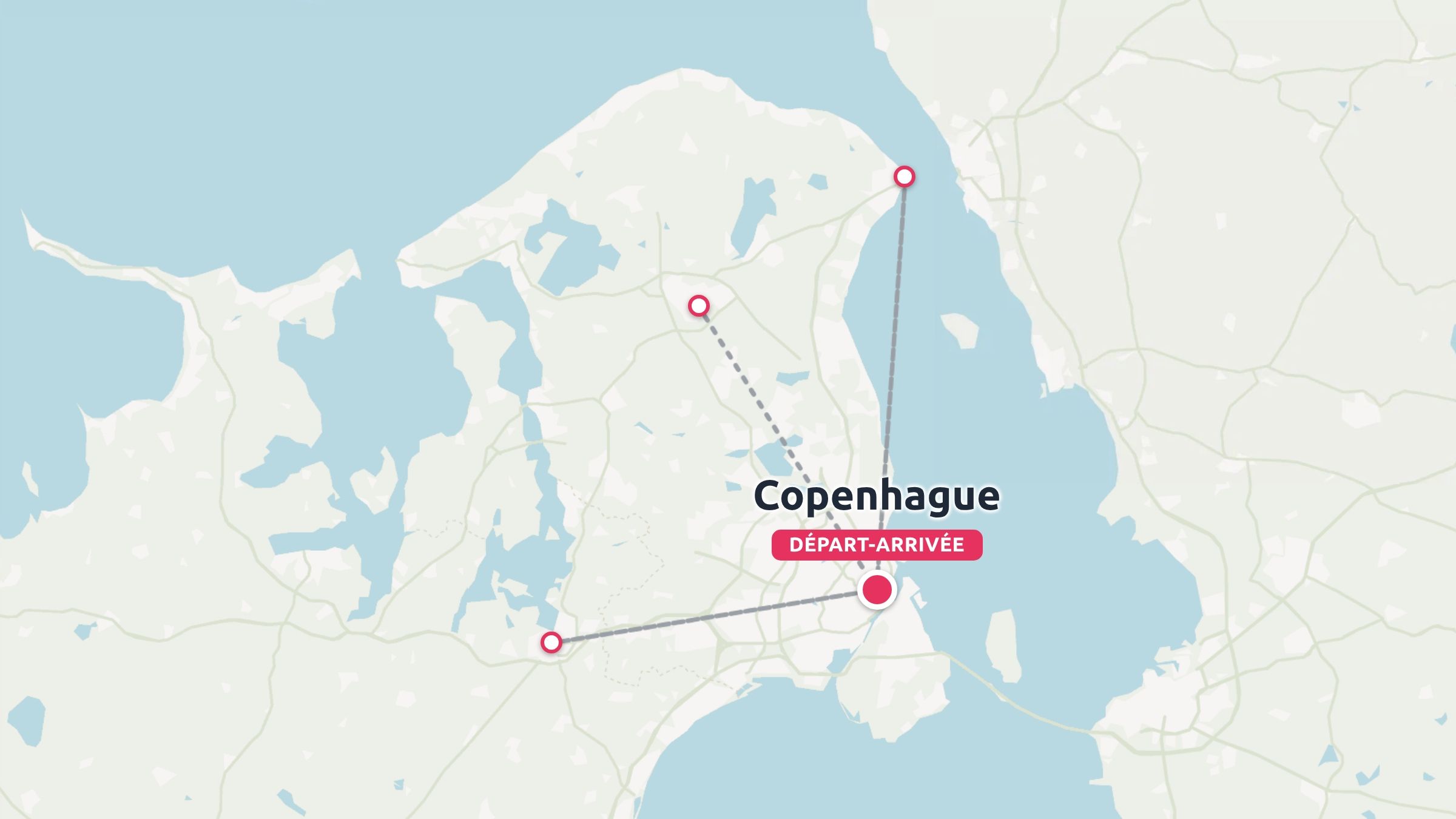 Carte d'itinéraire de voyage du Danemark montrant des lignes de trajet reliant plusieurs arrêts, avec un départ et une arrivée à Copenhague.