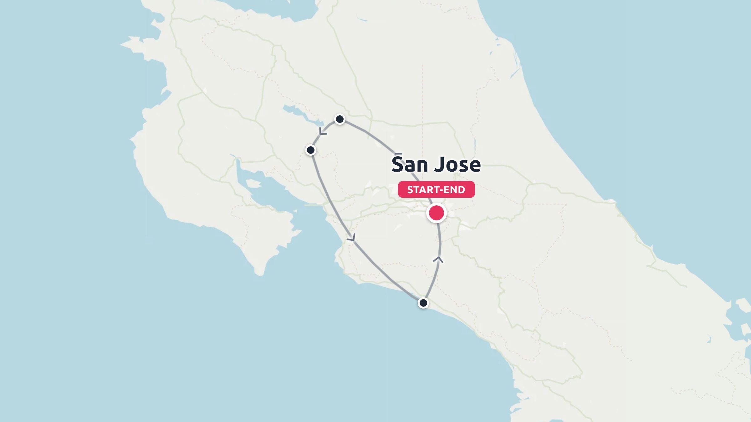 Travel route map of Costa Rica with circular path starting and ending in San Jose, connecting multiple travel stops.