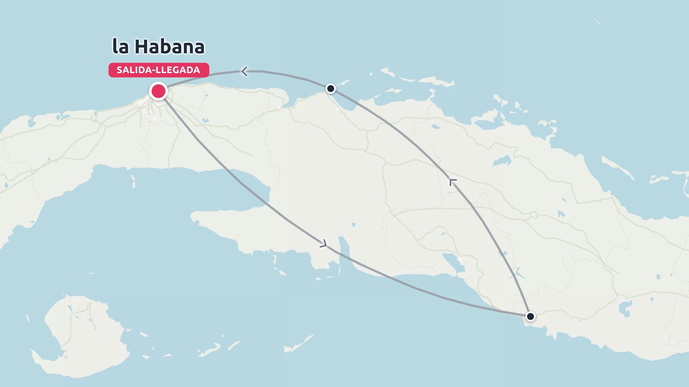 Un mapa de ruta de viaje por Cuba que muestra un viaje circular que comienza y termina en La Habana.