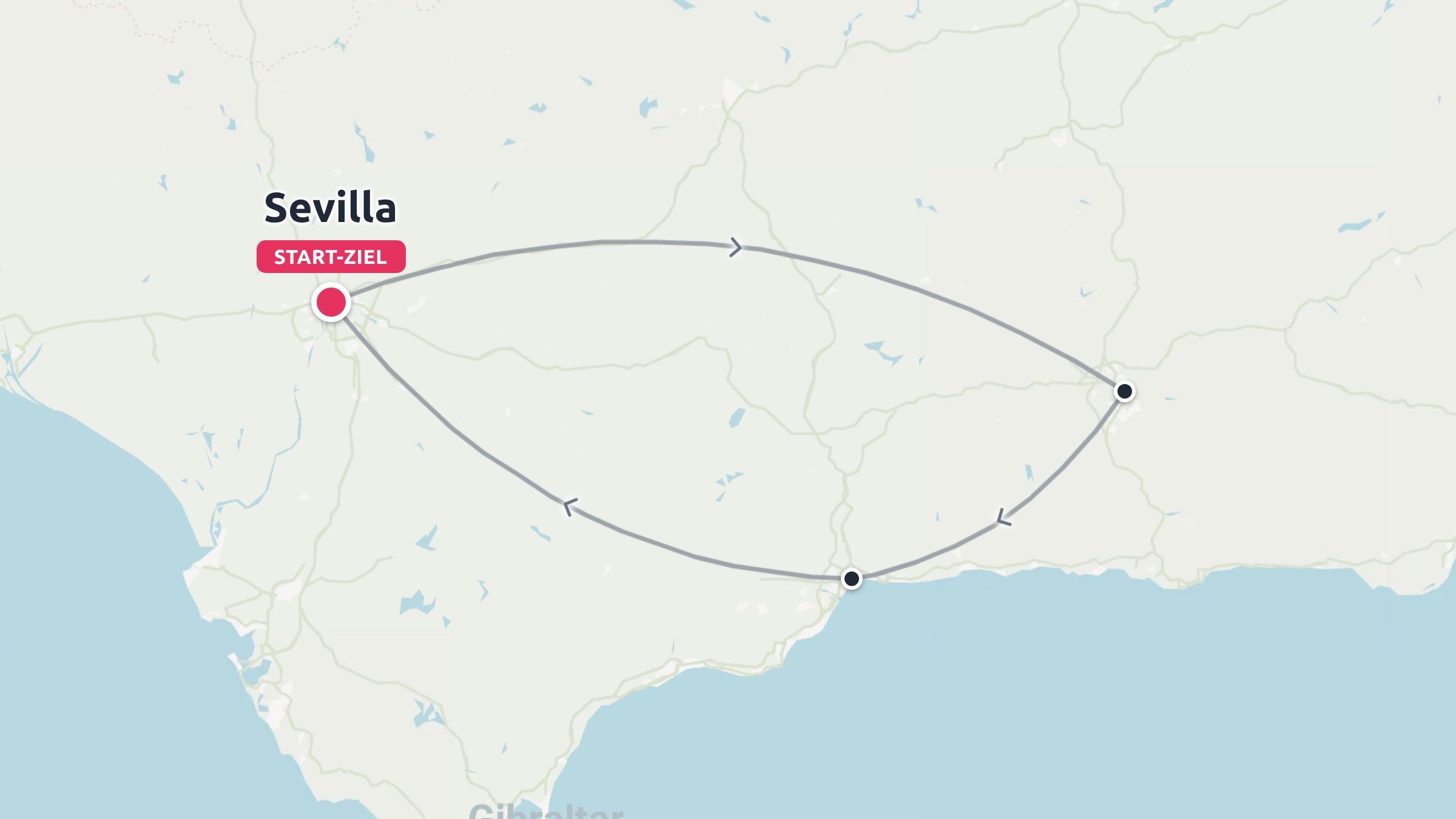 Eine Reiseroute, die einen Rundweg zeigt, der in Sevilla beginnt und endet.