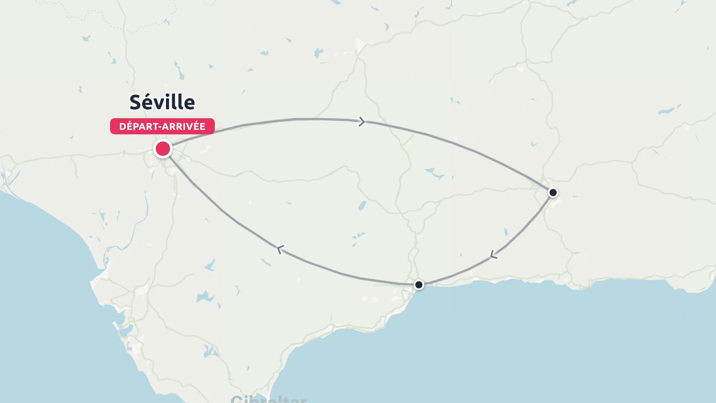 Une carte d'itinéraire de voyage montrant un parcours circulaire débutant et se terminant à Séville, en Espagne.