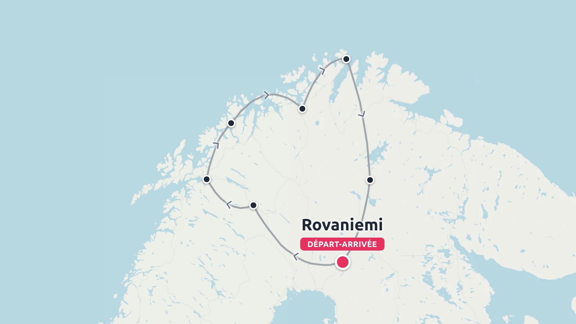 Une carte montrant un itinéraire de voyage circulaire dans le nord de la Scandinavie, commençant et se terminant à Rovaniemi.