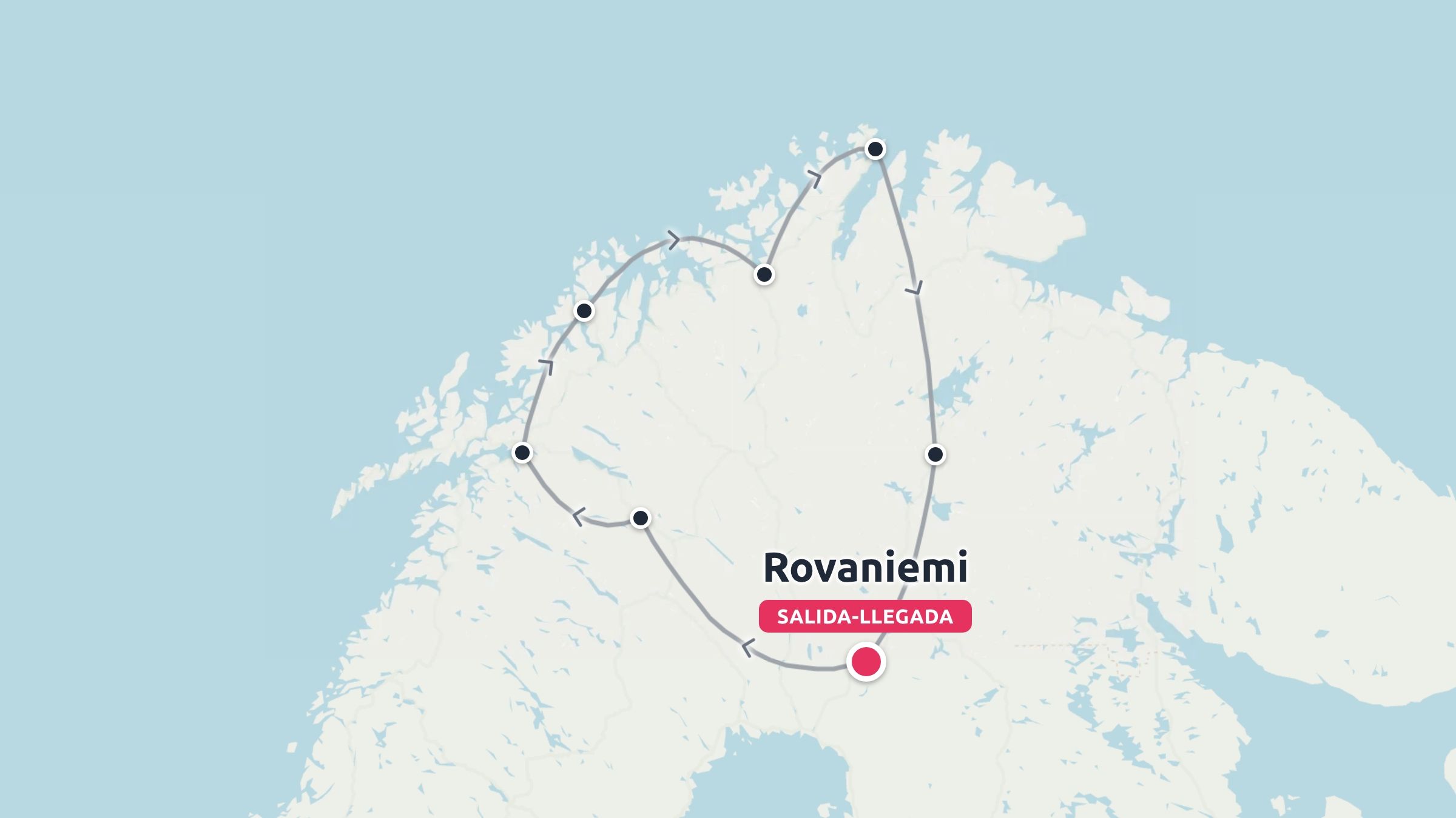 Un mapa de itinerario de viaje que muestra una ruta circular que comienza y termina en Rovaniemi con múltiples paradas de destino marcadas