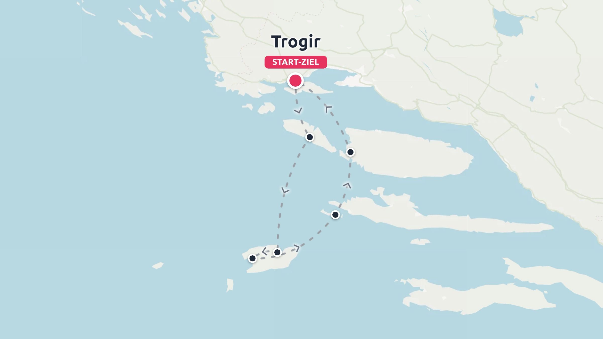 Eine Reiseroute, die einen runden Inselhumping-Pfad zeigt, der in Trogir beginnt und endet.