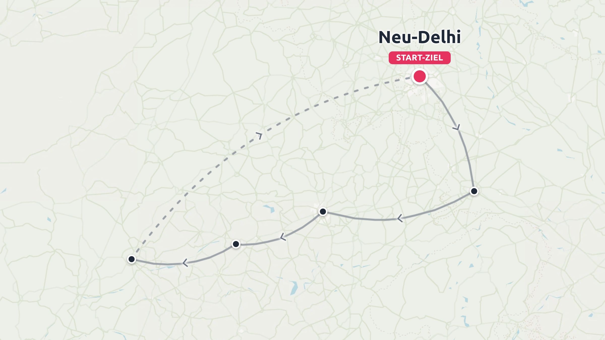Reiseroute mit einer mehrmorgigen Rundreise, die in Neu-Delhi beginnt und endet.