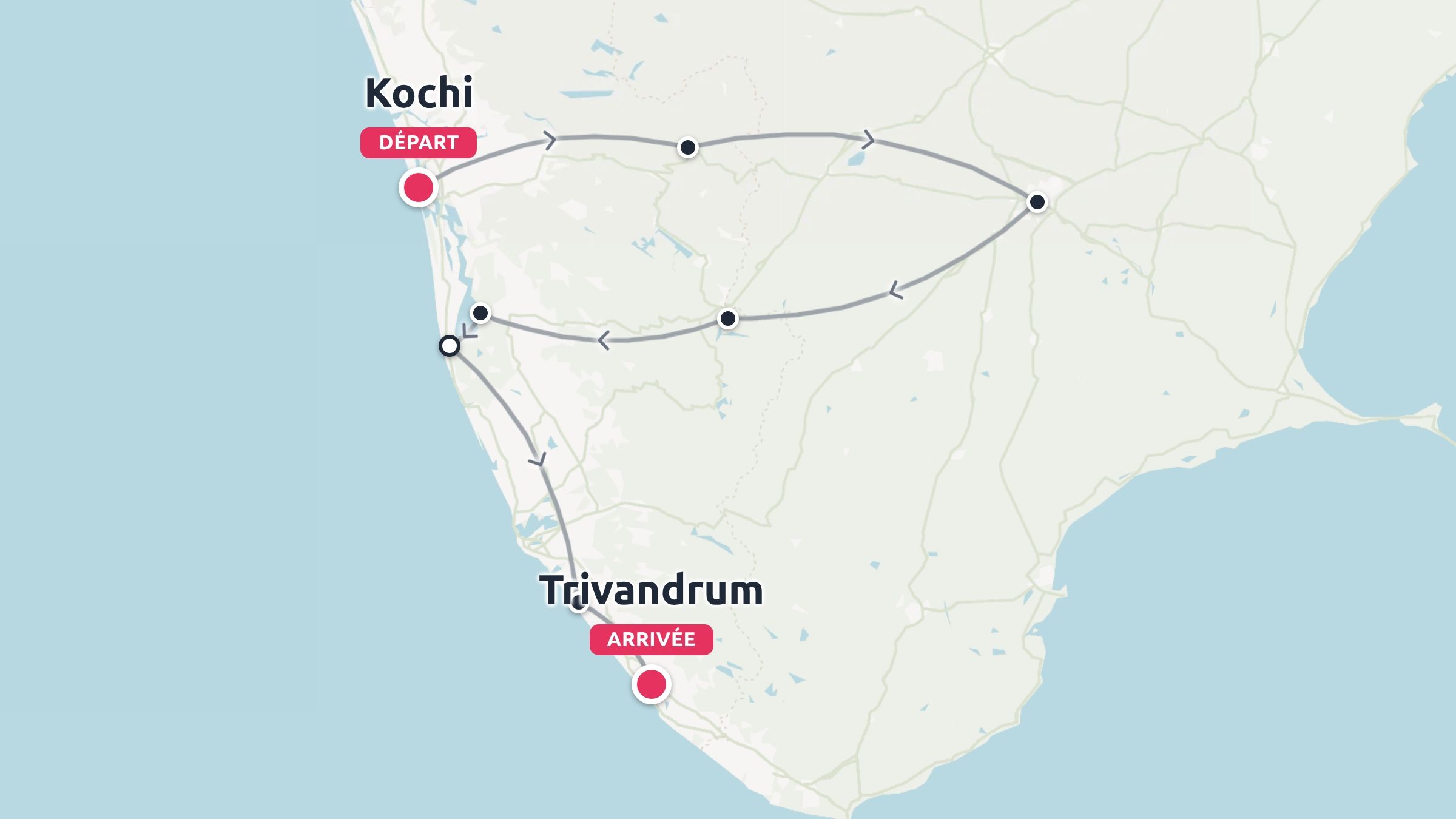 Un itineraire de voyage commencant a Kochi et se terminant a Trivandrum, marque avec des fleches de direction et des arrets intermediaires.