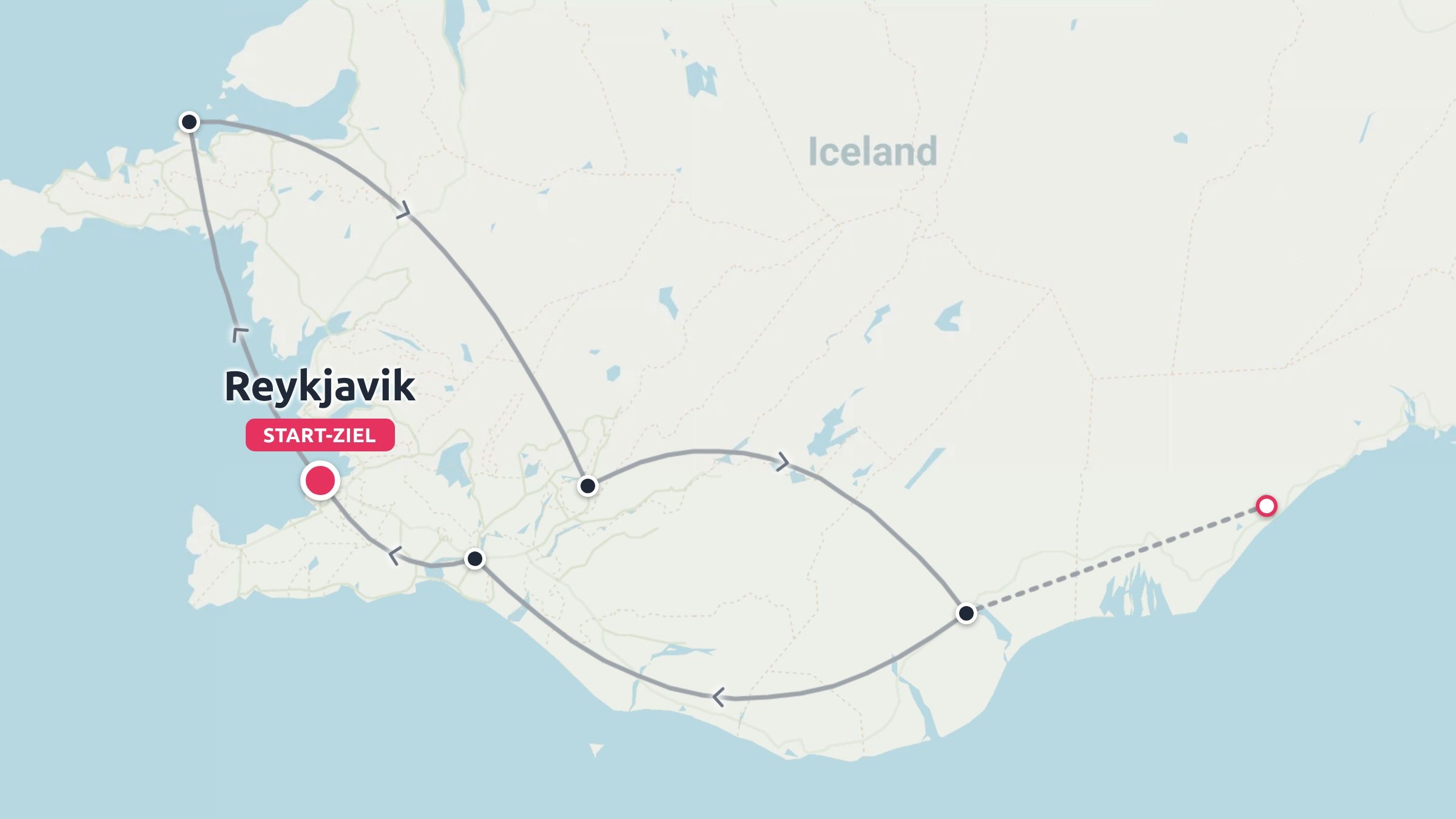 Eine Reiseroute-Karte für Südisland mit einer Rundstrecke, die in Reykjavik beginnt und endet.