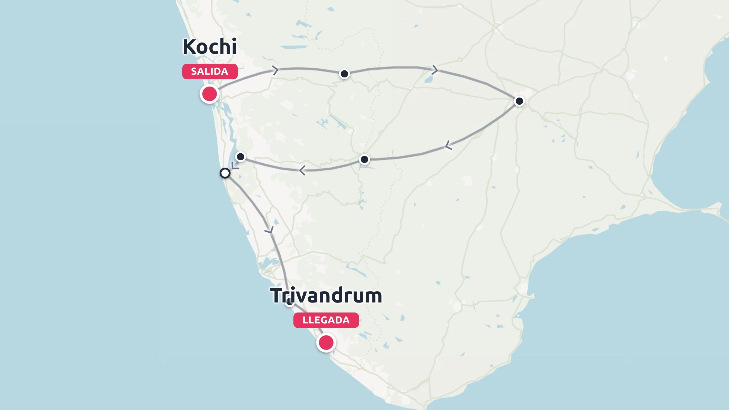 Un mapa de ruta de viaje que muestra un itinerario circular que empieza en Cochín y termina en Trivandrum.