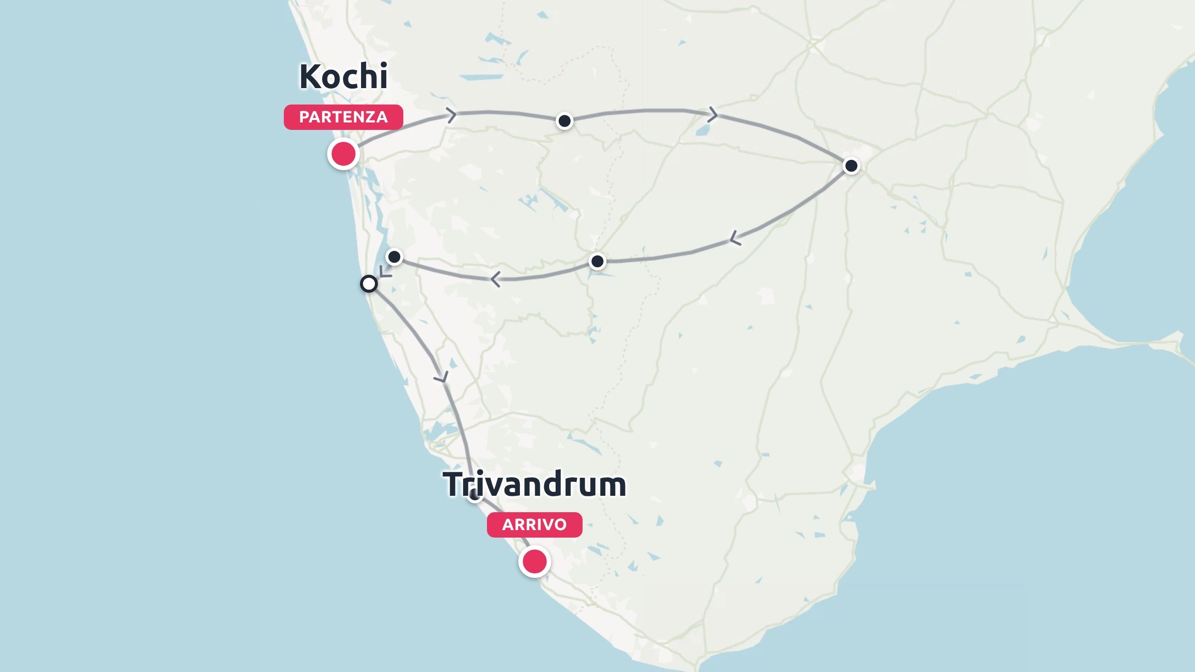 Mappa dell'itinerario di viaggio da Kochi a Trivandrum in India, che mostra le tappe lungo un percorso interno ad anello.