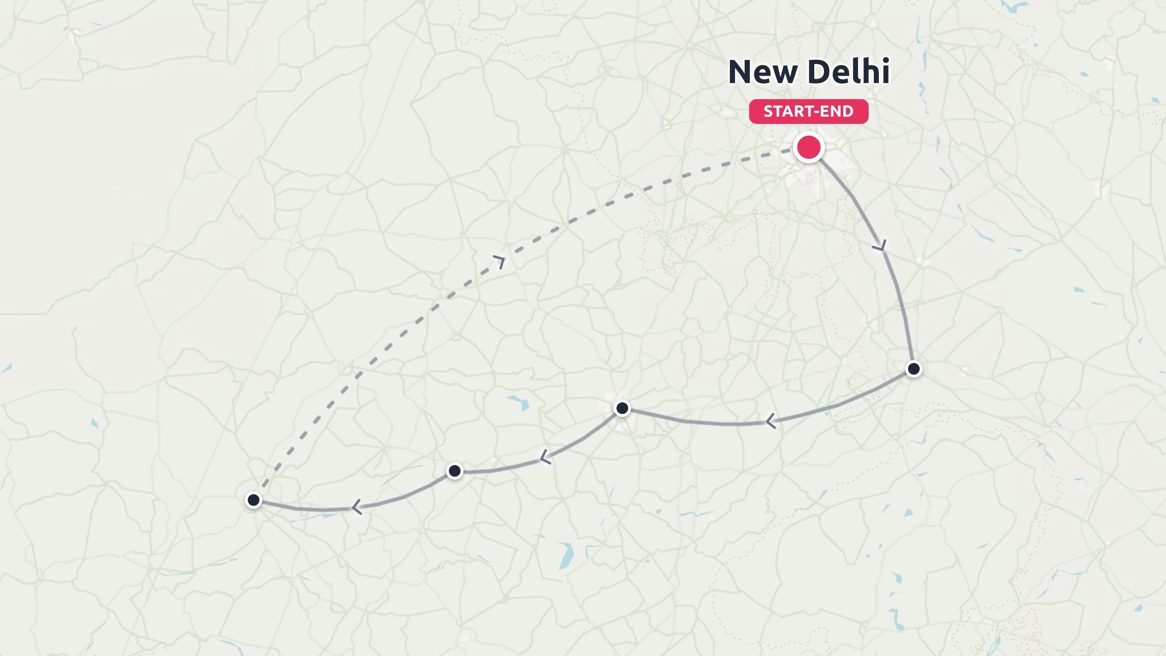 A travel route map showing an itinerary loop starting and ending in New Delhi with multiple destination stops.