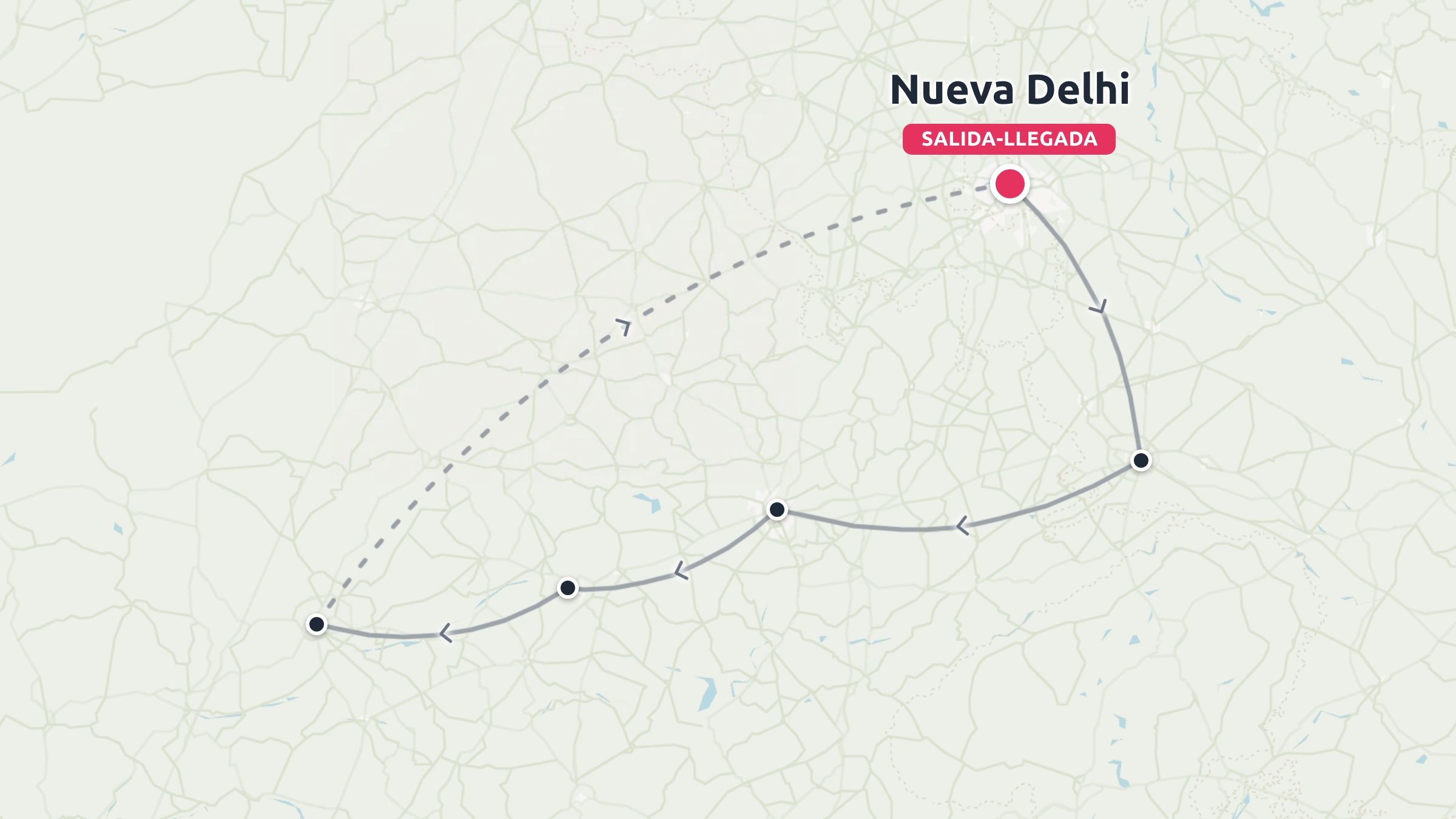 Un mapa de ruta de viaje que muestra un viaje en circuito que comienza y termina en Nueva Delhi con paradas marcadas a lo largo del camino