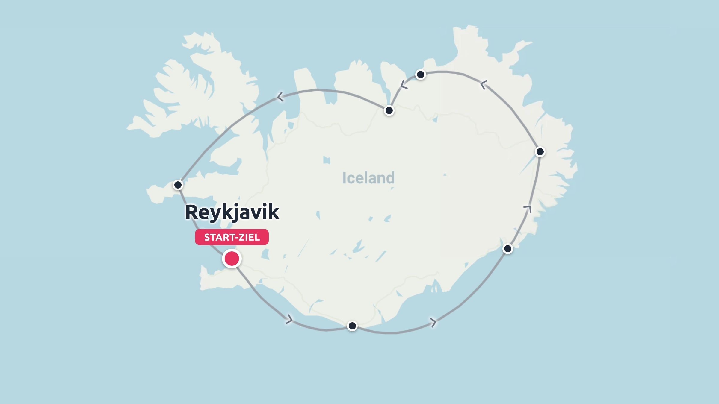 Eine Reisekarte von Island mit einer Ringstraße, die in Reykjavik beginnt und endet, sowie markierten Routenpunkten.