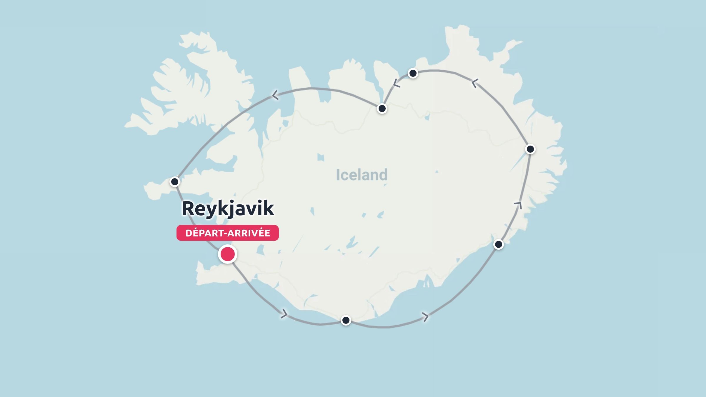Carte illustree de l'itineraire de voyage en Islande montrant un parcours circulaire commencant et se terminant a Reykjavik