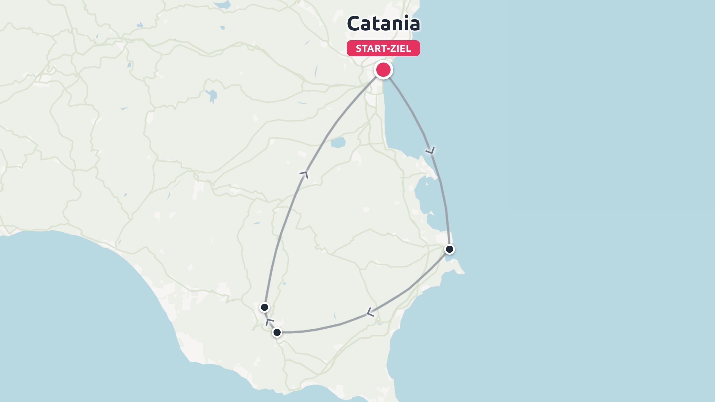 Reiseroute, die eine dreieckige Schleife zeigt, die in Catania beginnt und an der südöstlichen Küste Siziliens endet.
