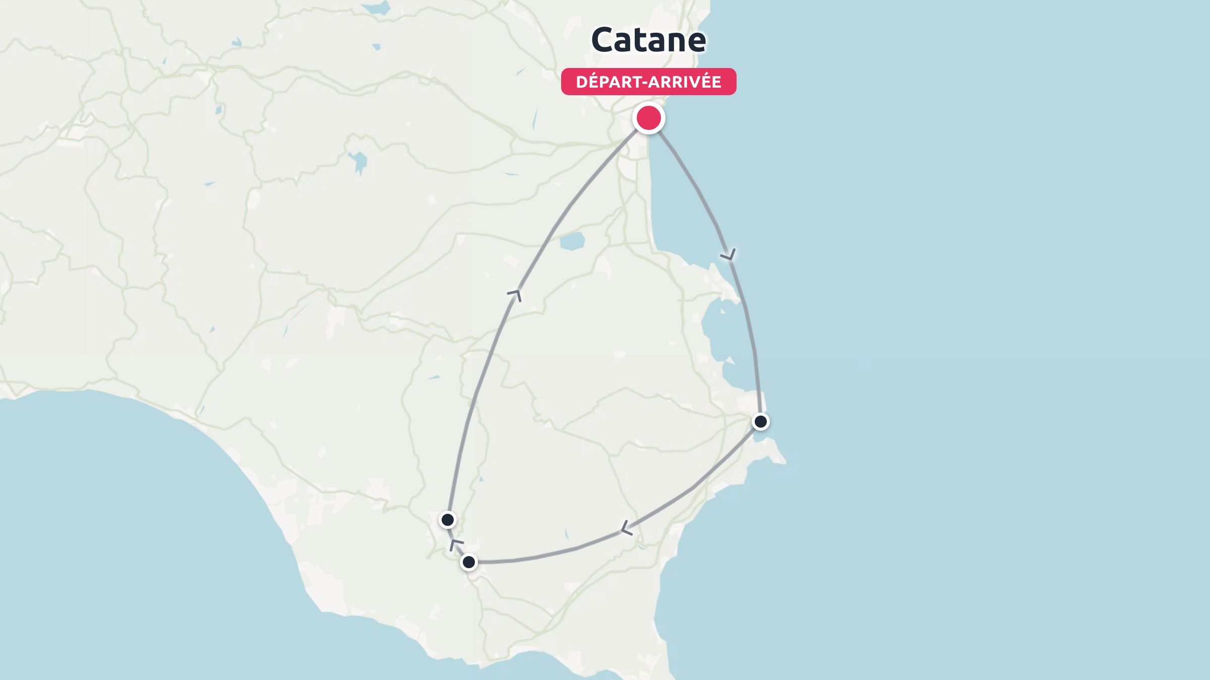 Une carte d'itinéraire de voyage montrant un parcours en boucle au départ et à l'arrivée à Catane.