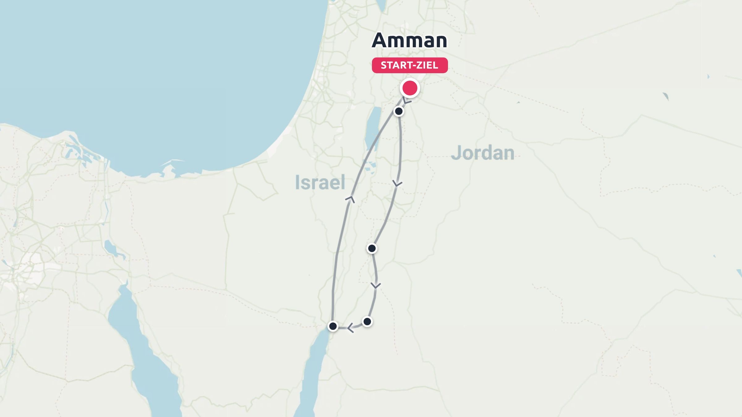 Eine Reiseroute, die in Amman beginnt und endet und in einer Schleife durch Jordanien nahe der Grenze zu Israel führt.