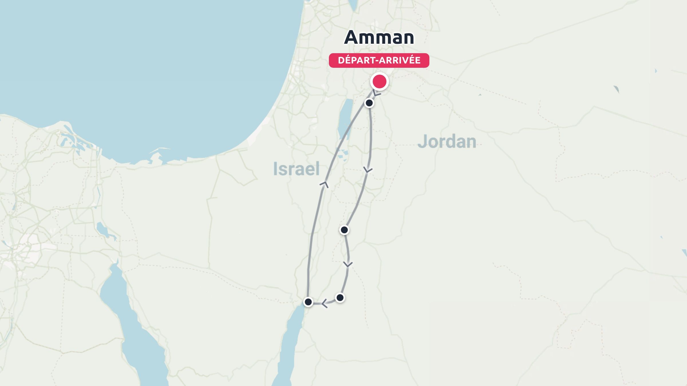 Carte de voyage montrant un itinéraire circulaire commençant et se terminant à Amman, traversant la Jordanie et longeant la frontière d'Israël.