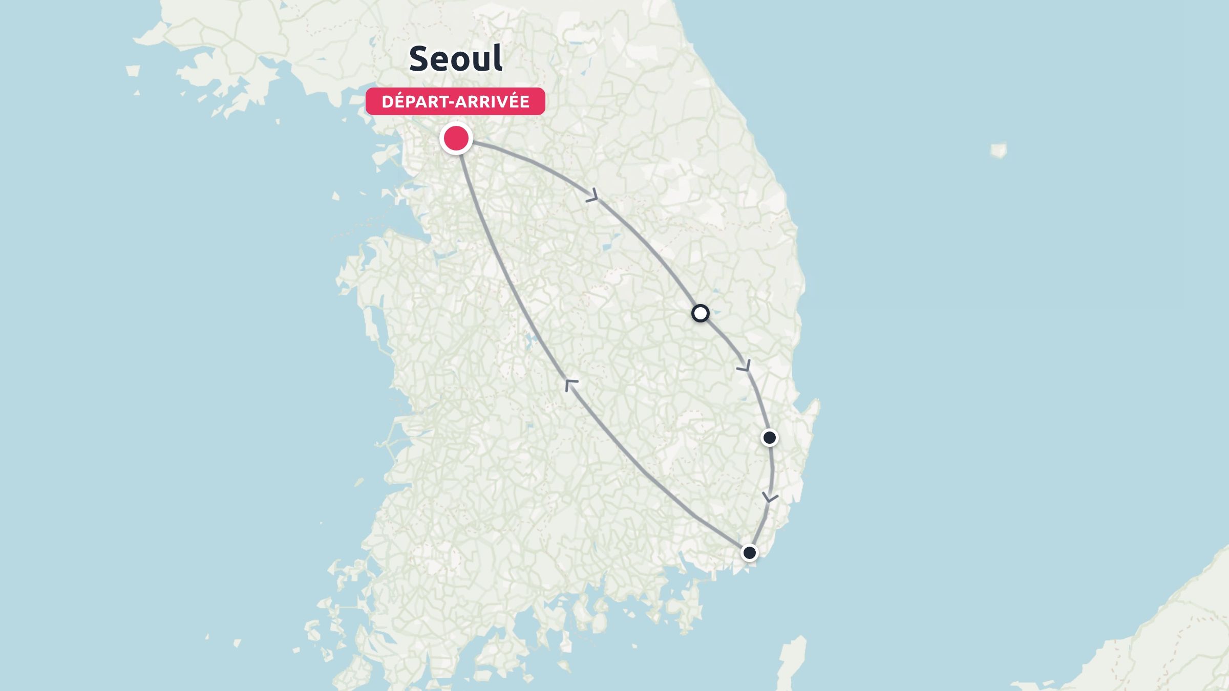 Une carte d'itinéraire de voyage en Corée du Sud montrant un parcours circulaire commençant et se terminant à Séoul.