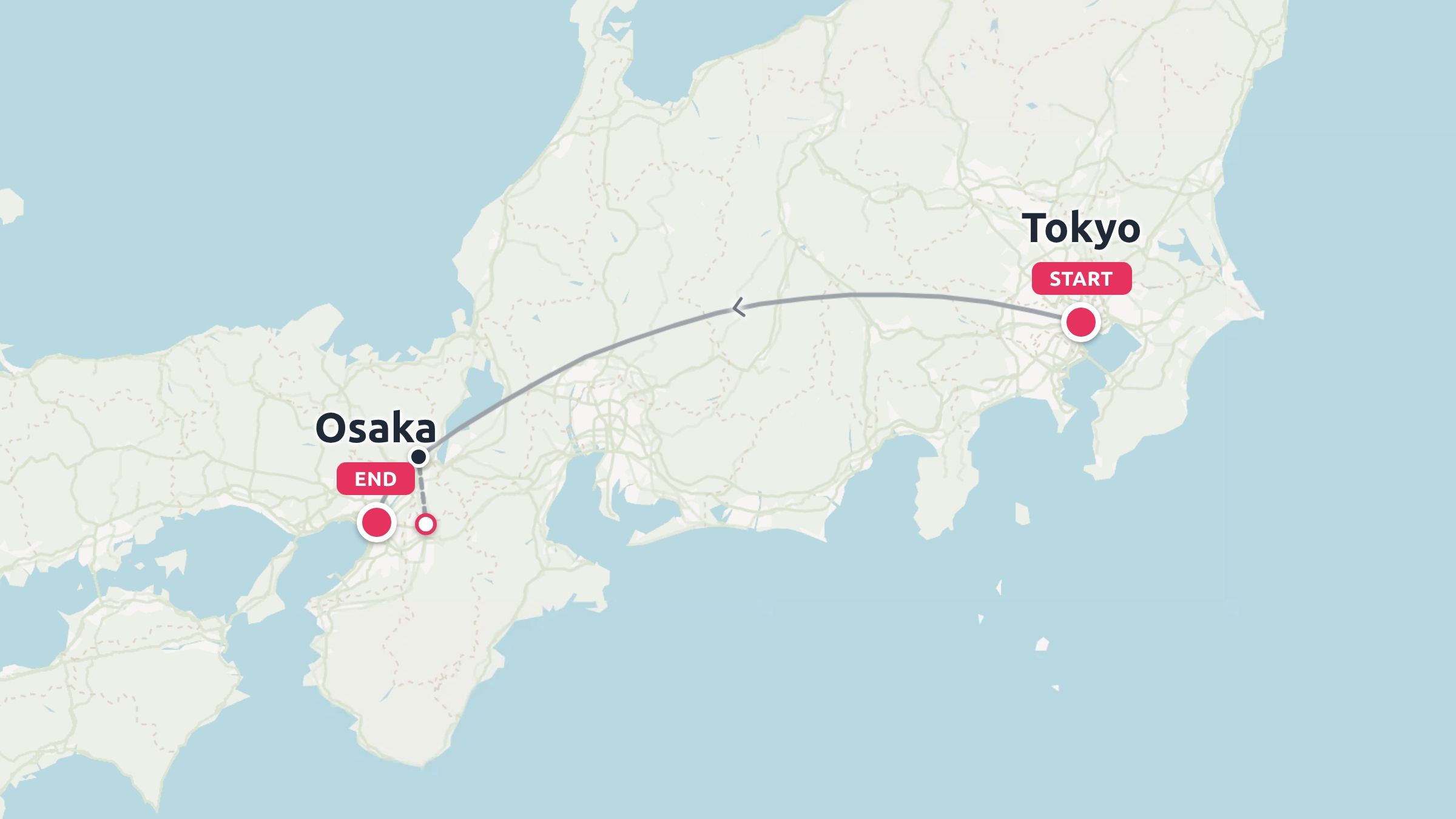 A travel route map across Japan showing a path starting in Tokyo and ending in Osaka.