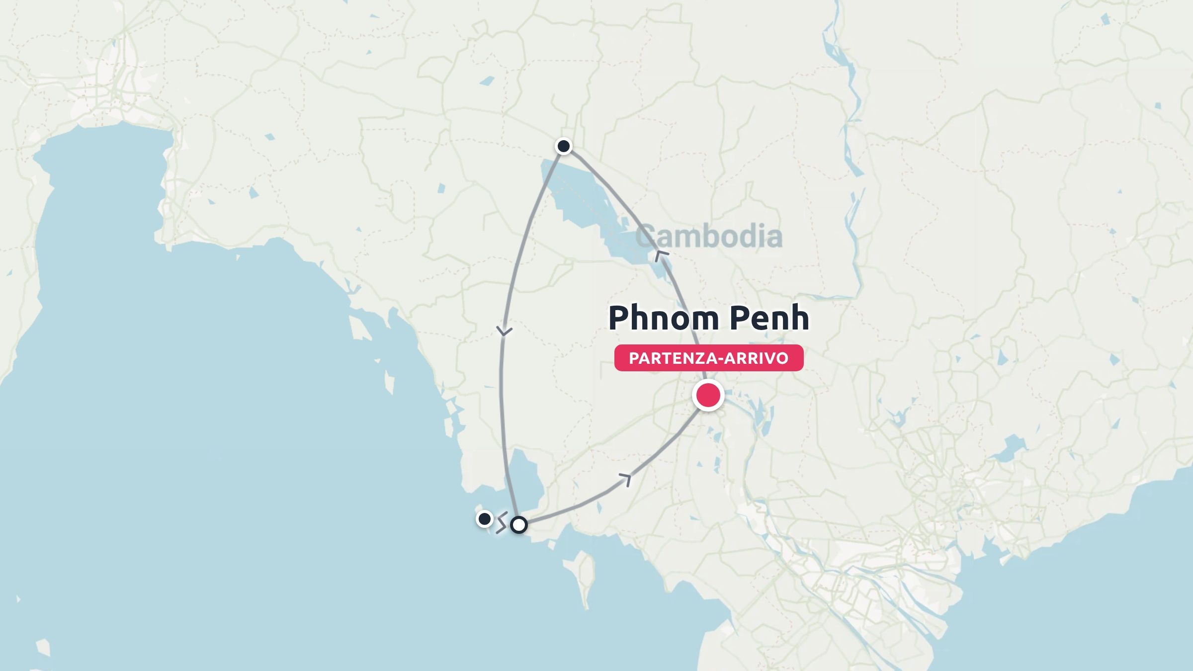 Una mappa dell'itinerario di viaggio in Cambodia che traccia un percorso circolare con partenza e arrivo a Phnom Penh