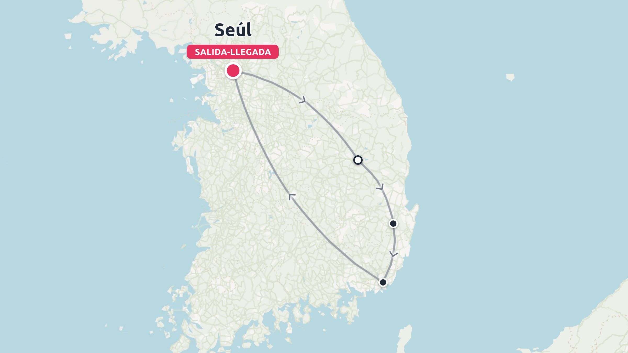 Mapa de la ruta de viaje por Corea del Sur que muestra un viaje de ida y vuelta con inicio y fin en Seúl y múltiples paradas a lo largo de la costa.