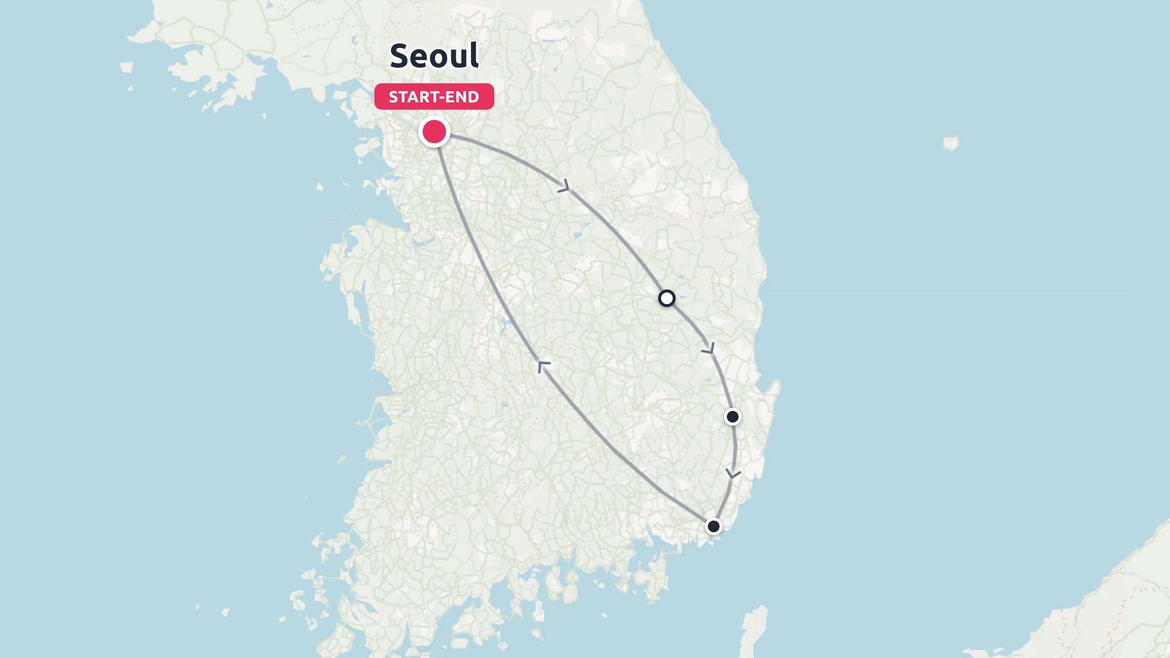 A travel route map across South Korea showing a loop that starts and ends in Seoul.