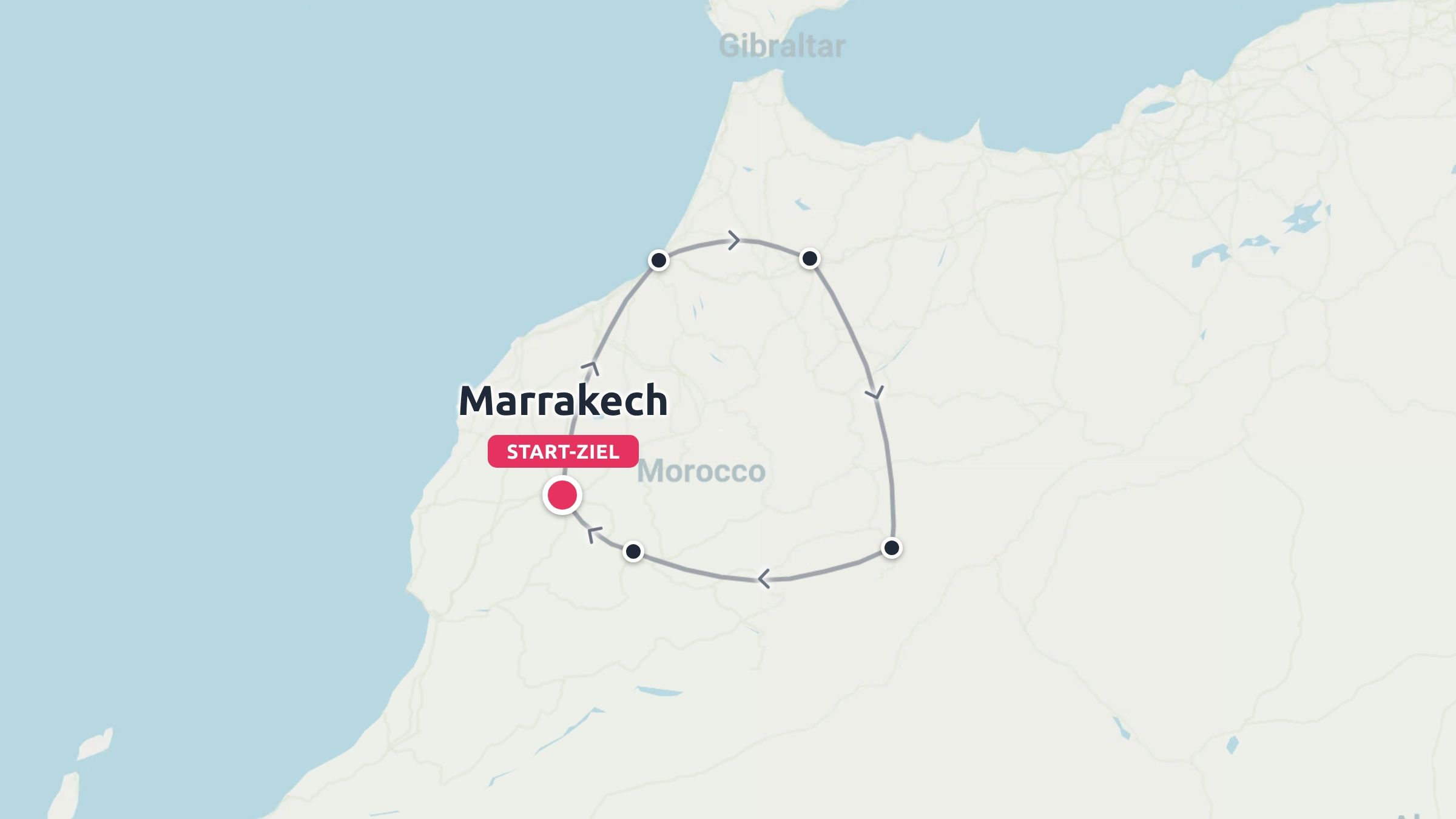 Eine Reisekarte von Marokko mit einer Rundstrecke, die in Marrakesch beginnt und endet.