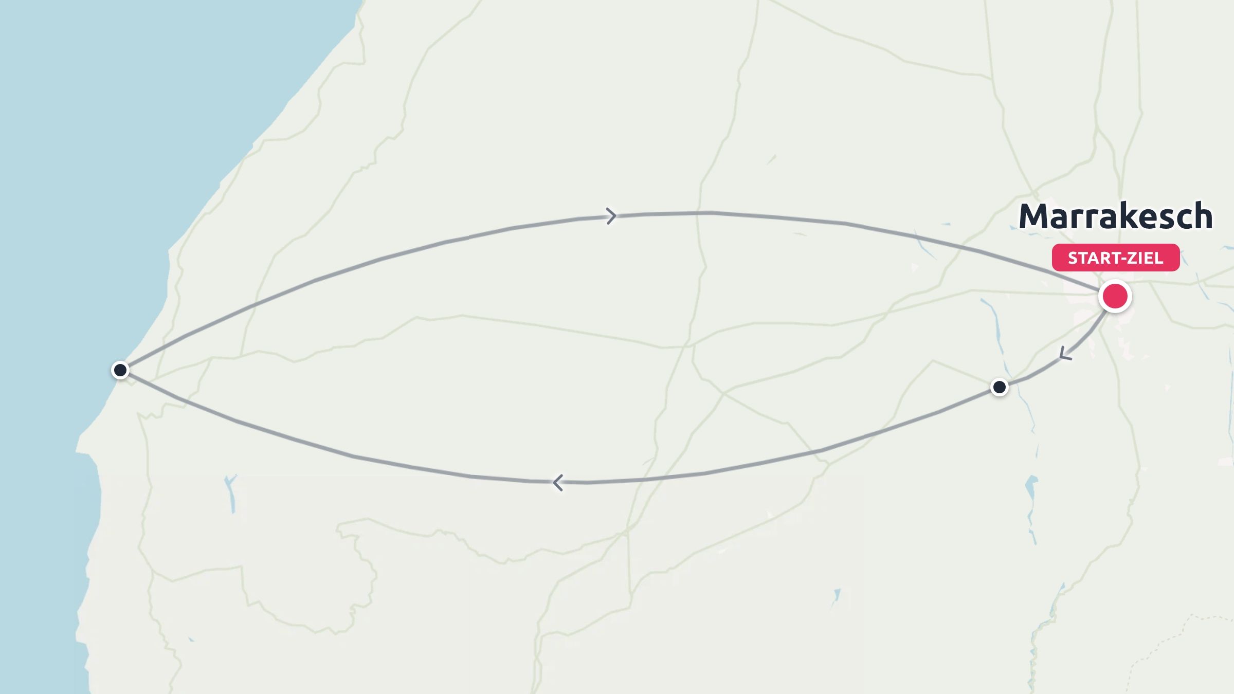 Eine Reiseroute, die eine Rundstrecke mit Start und Ziel in Marrakesch zur Westküste zeigt.