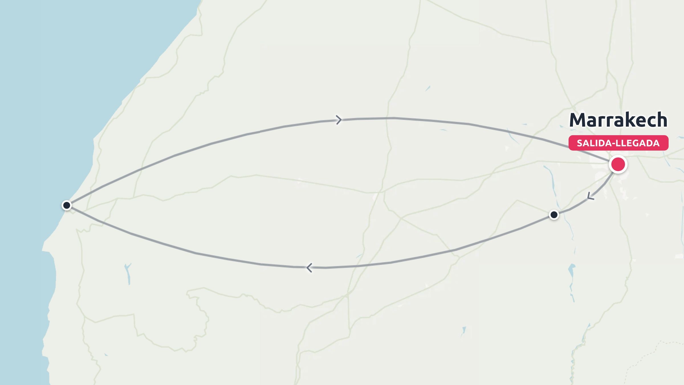 Un mapa de ruta de viaje que muestra un circuito de ida y vuelta que empieza y termina en Marrakech y se extiende hasta la costa