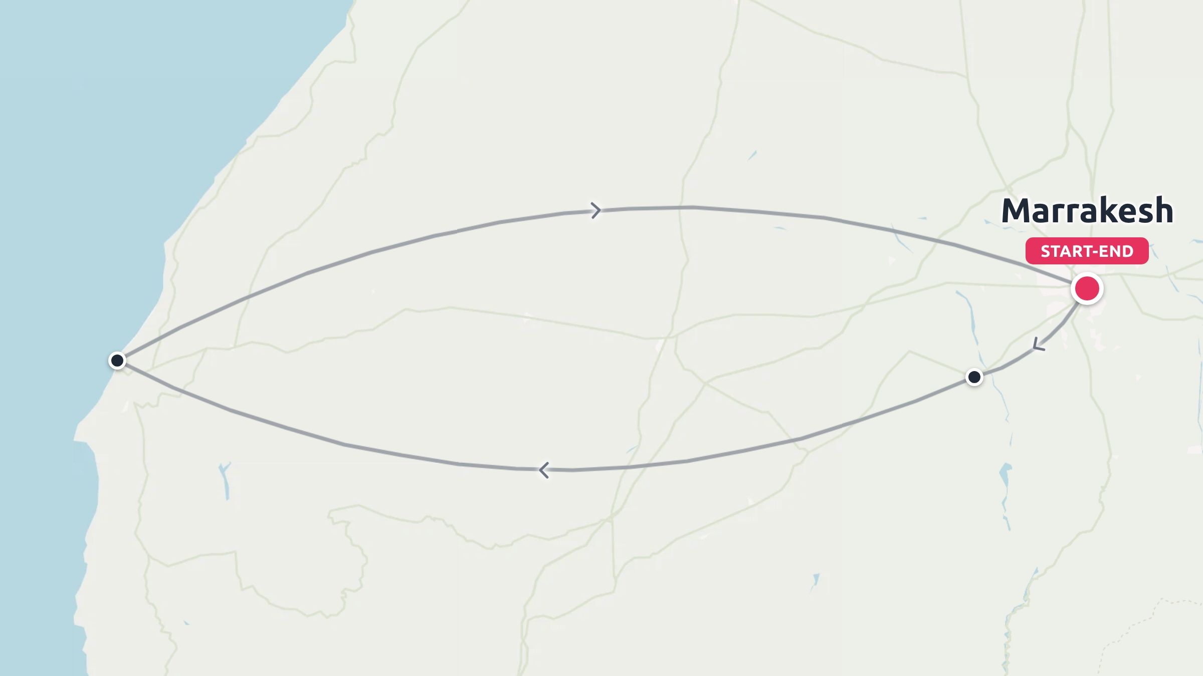 A travel route map showing a circular loop starting and ending in Marrakesh and extending to the coast.