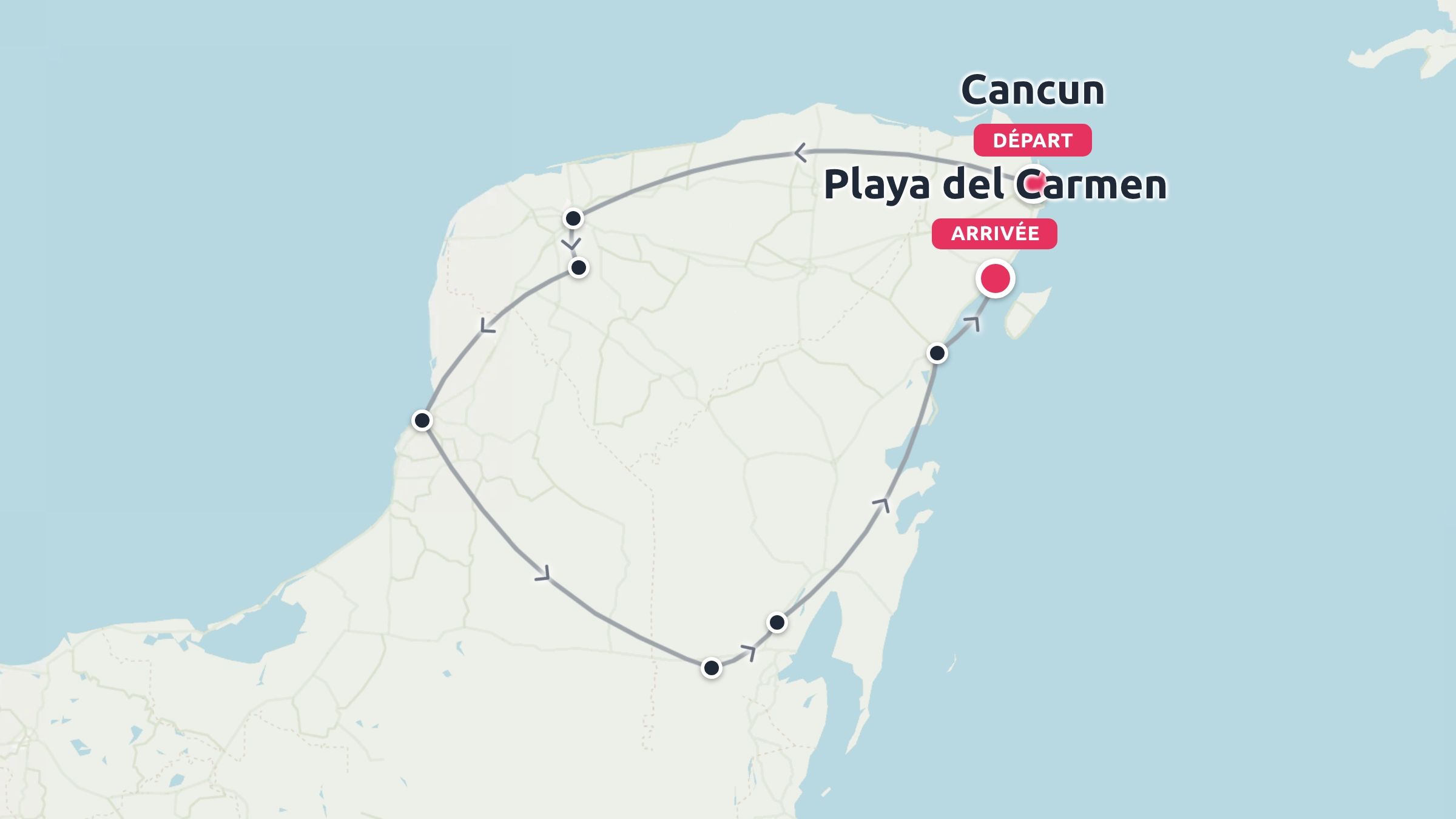 Itinéraire de voyage à travers la péninsule du Yucatán commençant à Cancún et se terminant à Playa del Carmen