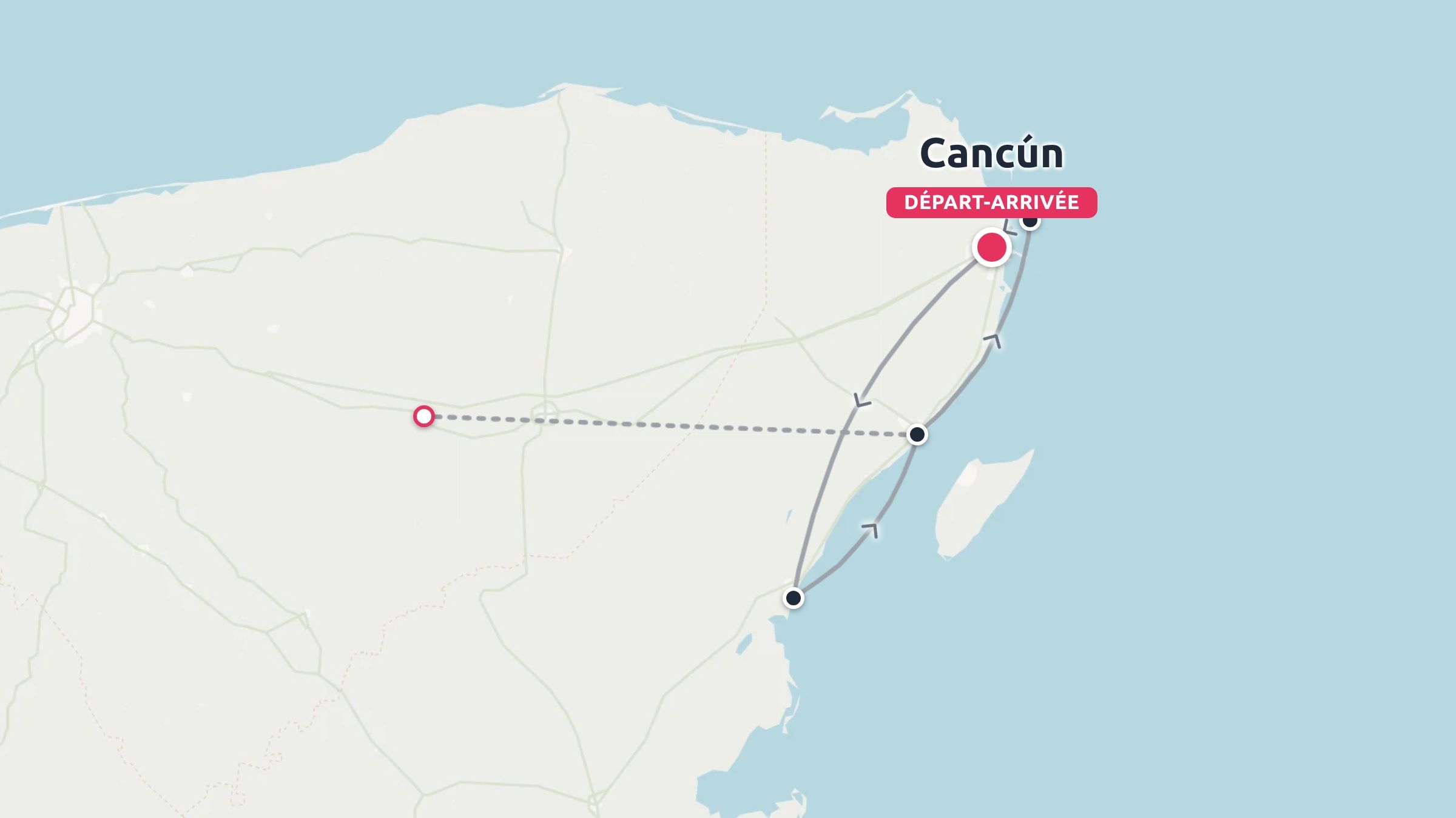 Un itinéraire de voyage marquant des étapes le long de la côte, avec un départ et une arrivée à Cancún.