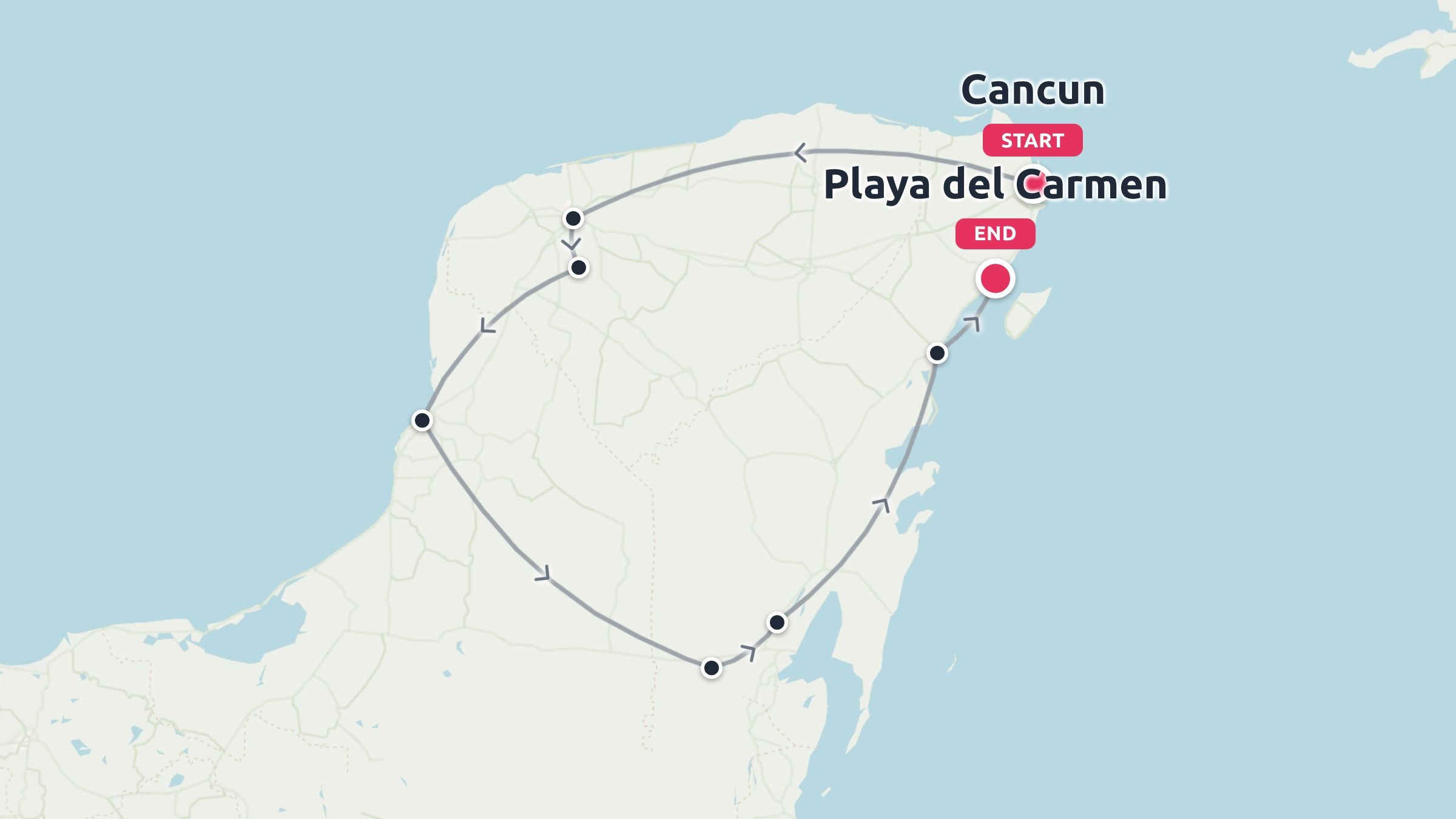A travel route map loop across the Yucatan Peninsula starting in Cancun and ending in Playa del Carmen.