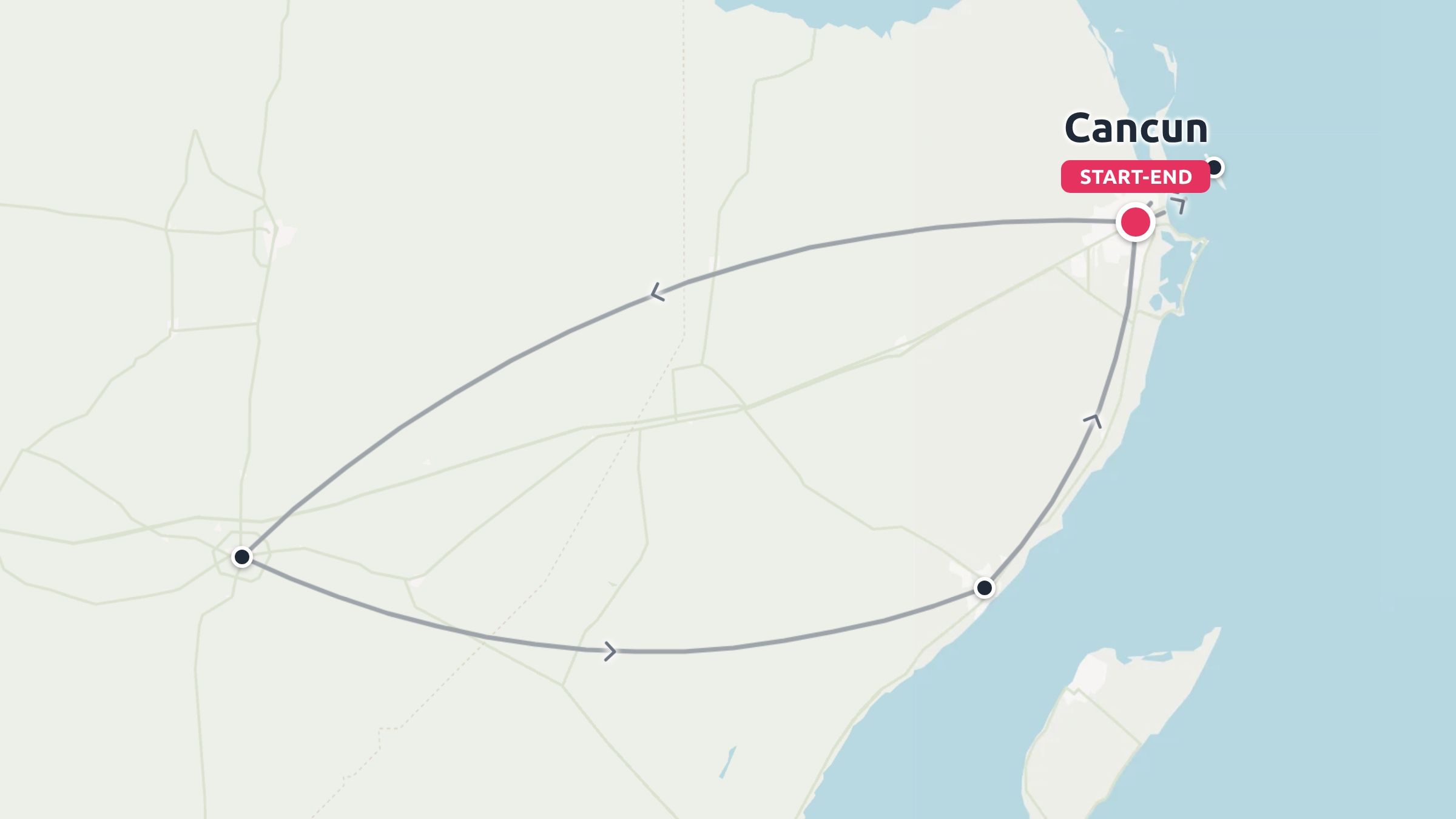 Travel route map showing a triangular itinerary starting and ending in Cancun with connecting route paths.