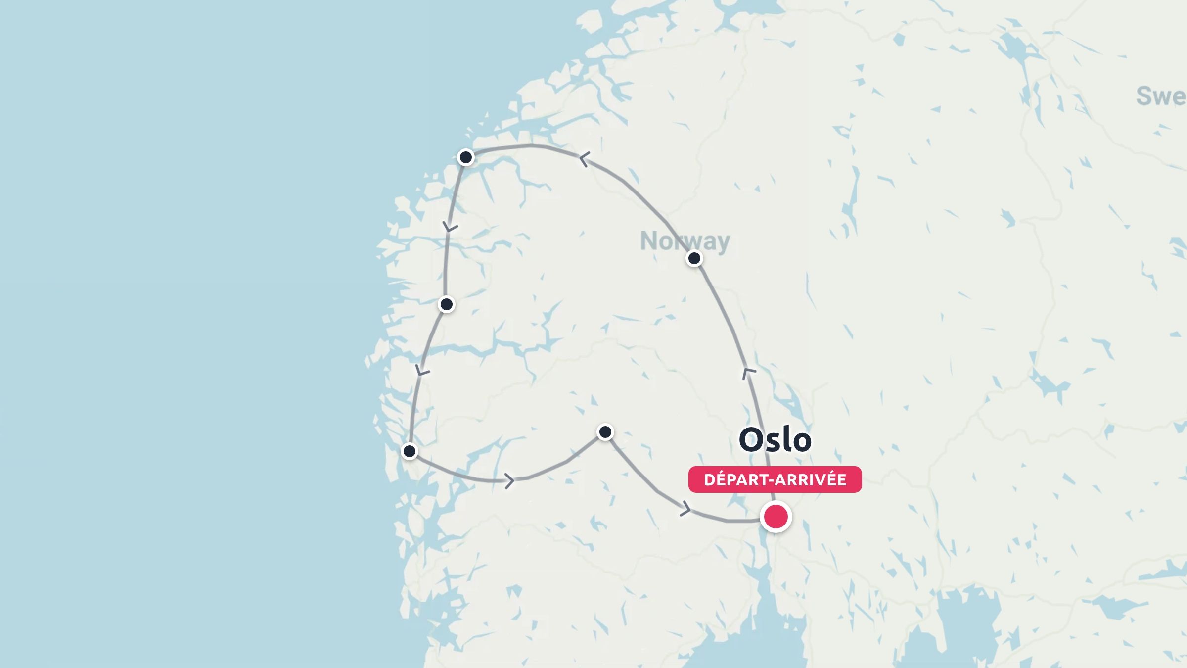 Carte de l'itinéraire de voyage du sud de la Norvège indiquant un circuit aller-retour au départ et à l'arrivée d'Oslo avec plusieurs arrêts marqués.