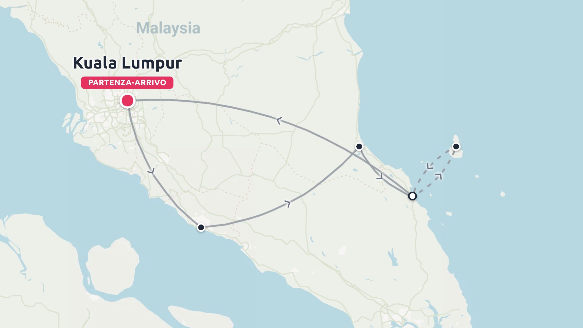 Un itinerario di viaggio in Malaysia con partenza e arrivo a Kuala Lumpur e tappe collegate lungo la costa.