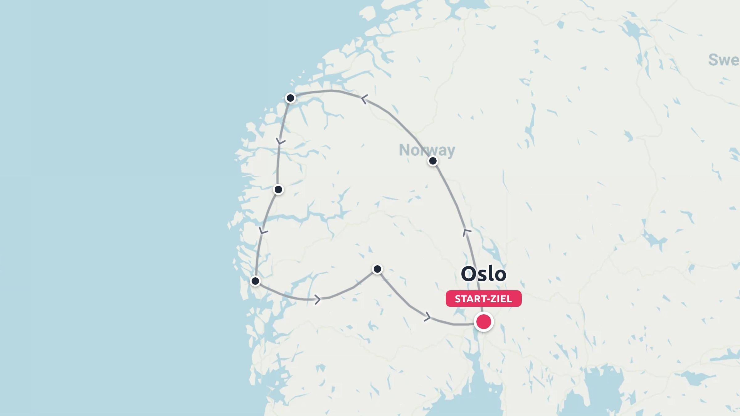 Eine Routenkarte für Norwegen, die einen kreisförmigen Roadtrip mit Start und Ziel in Oslo zeigt.
