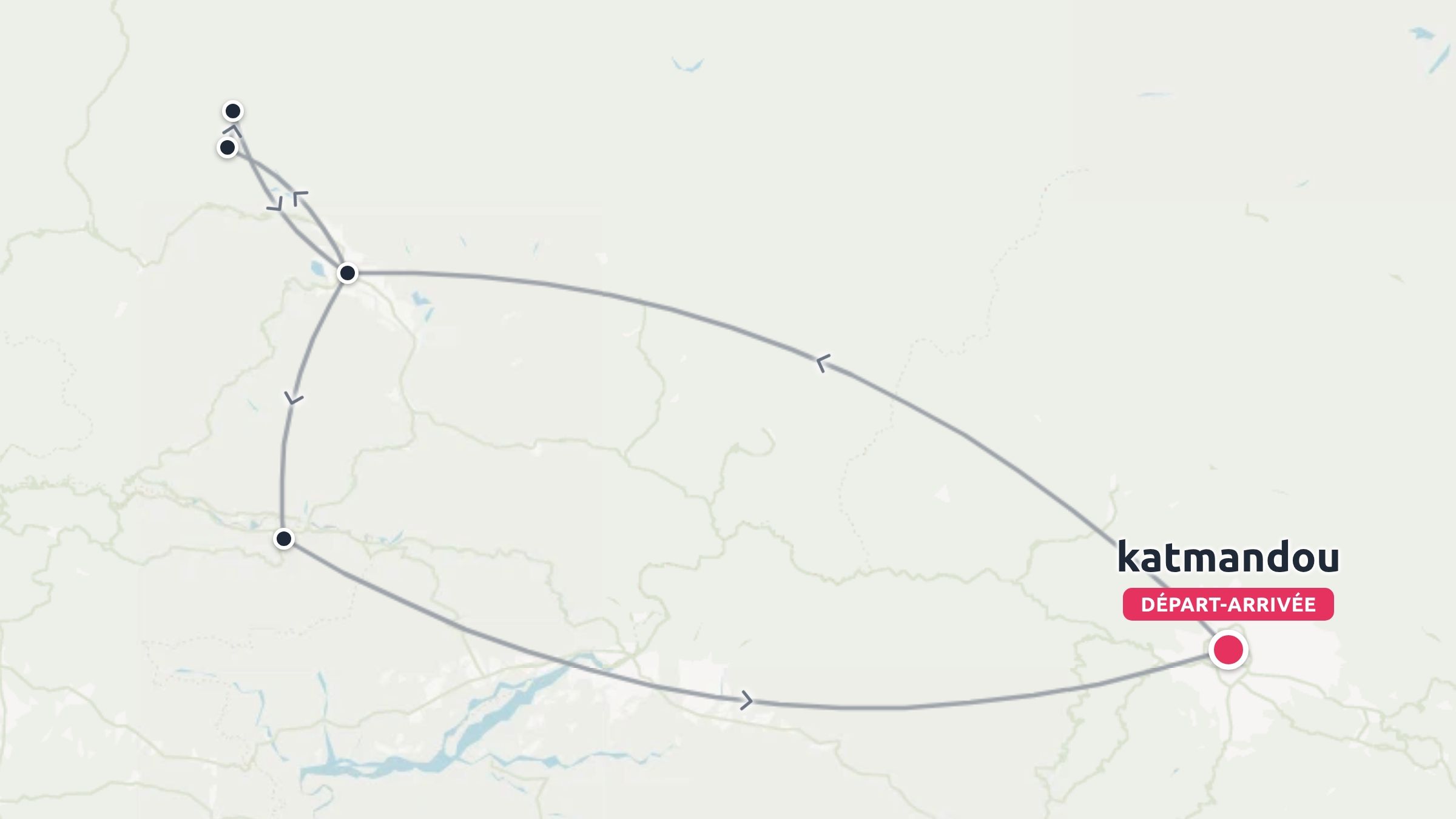 Une carte d'itinéraire de voyage affichant un parcours en boucle commençant et se terminant à Katmandou.