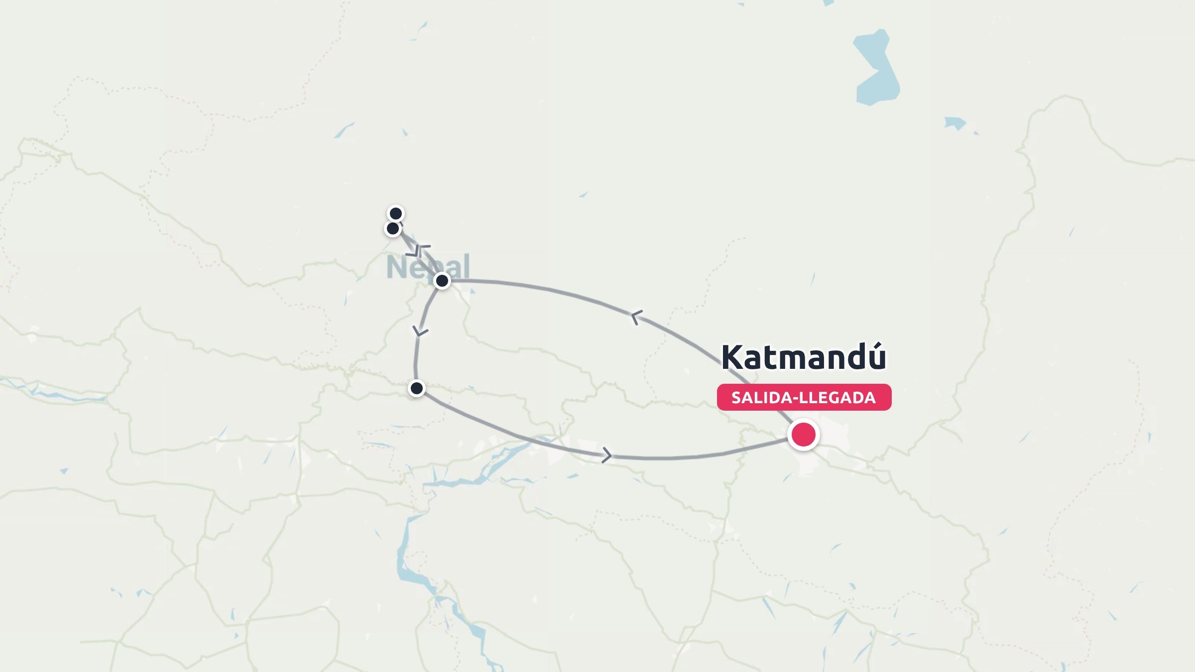 Un mapa de ruta de viaje de Nepal que muestra un itinerario circular que comienza y termina en Katmandú.