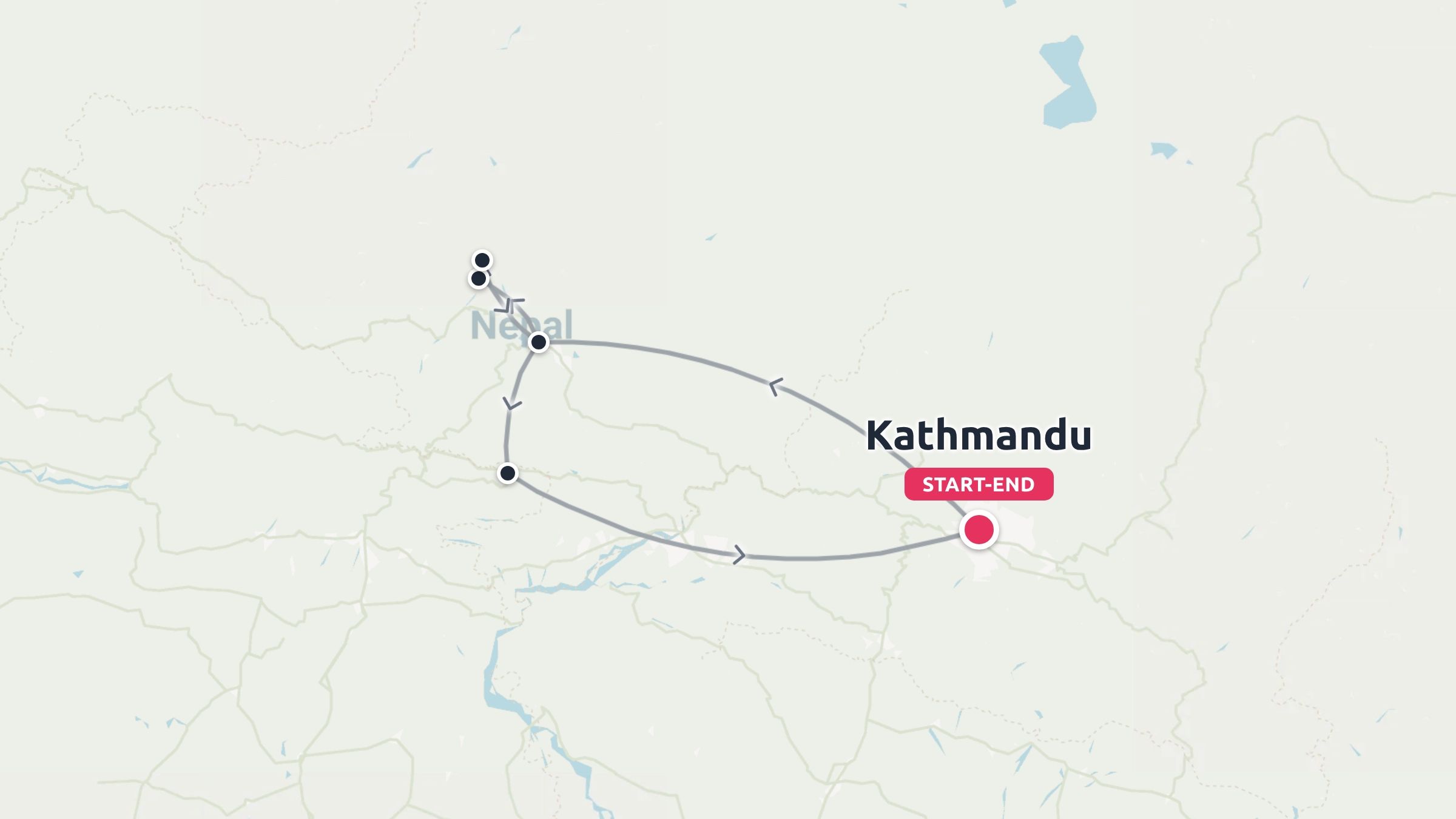 Travel route map of Nepal displaying a circular itinerary with start and end points in Kathmandu.