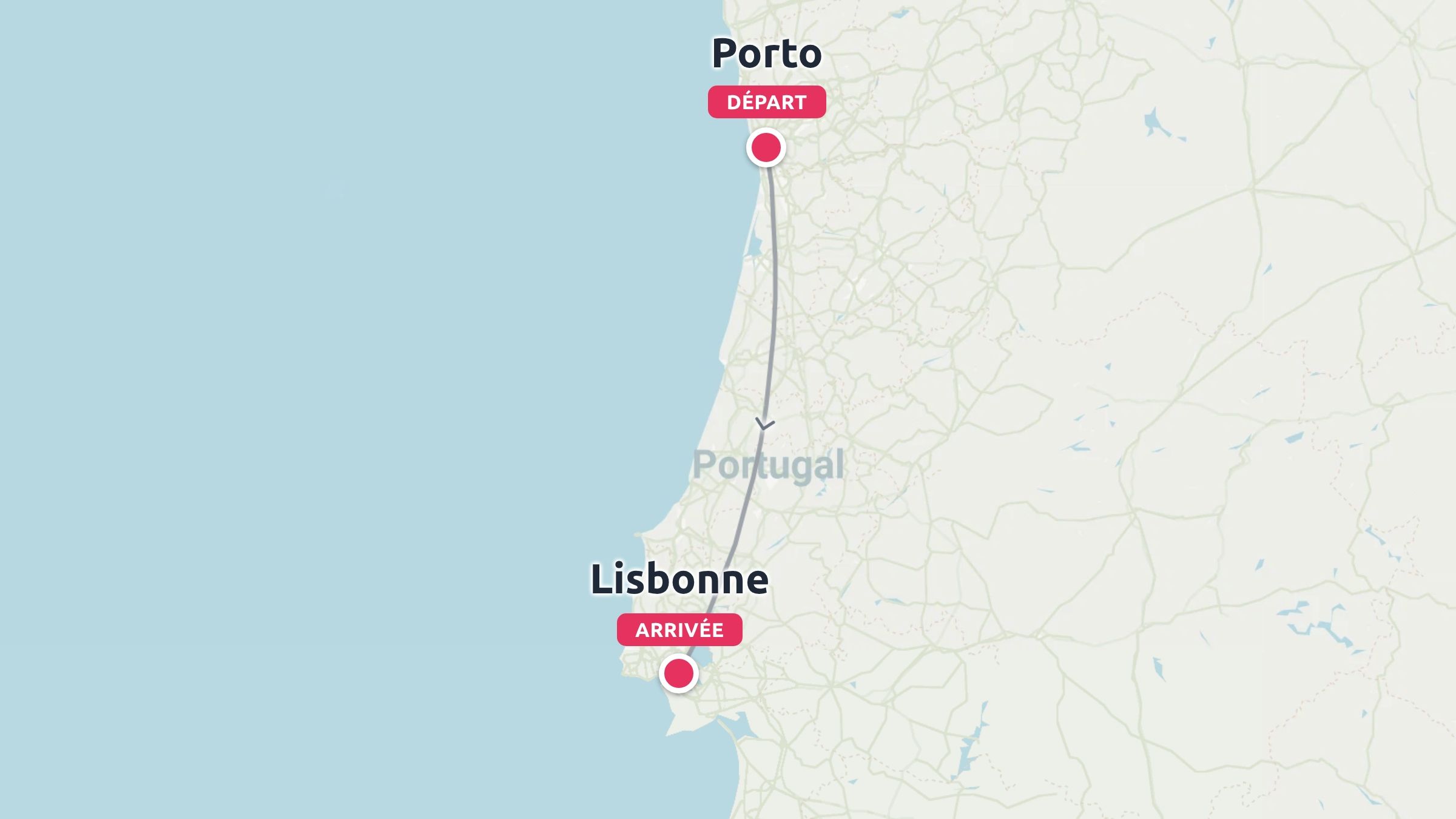 Une carte d'itinéraire de voyage au Portugal marquant un voyage de Porto comme point de départ à Lisbonne comme arrivée