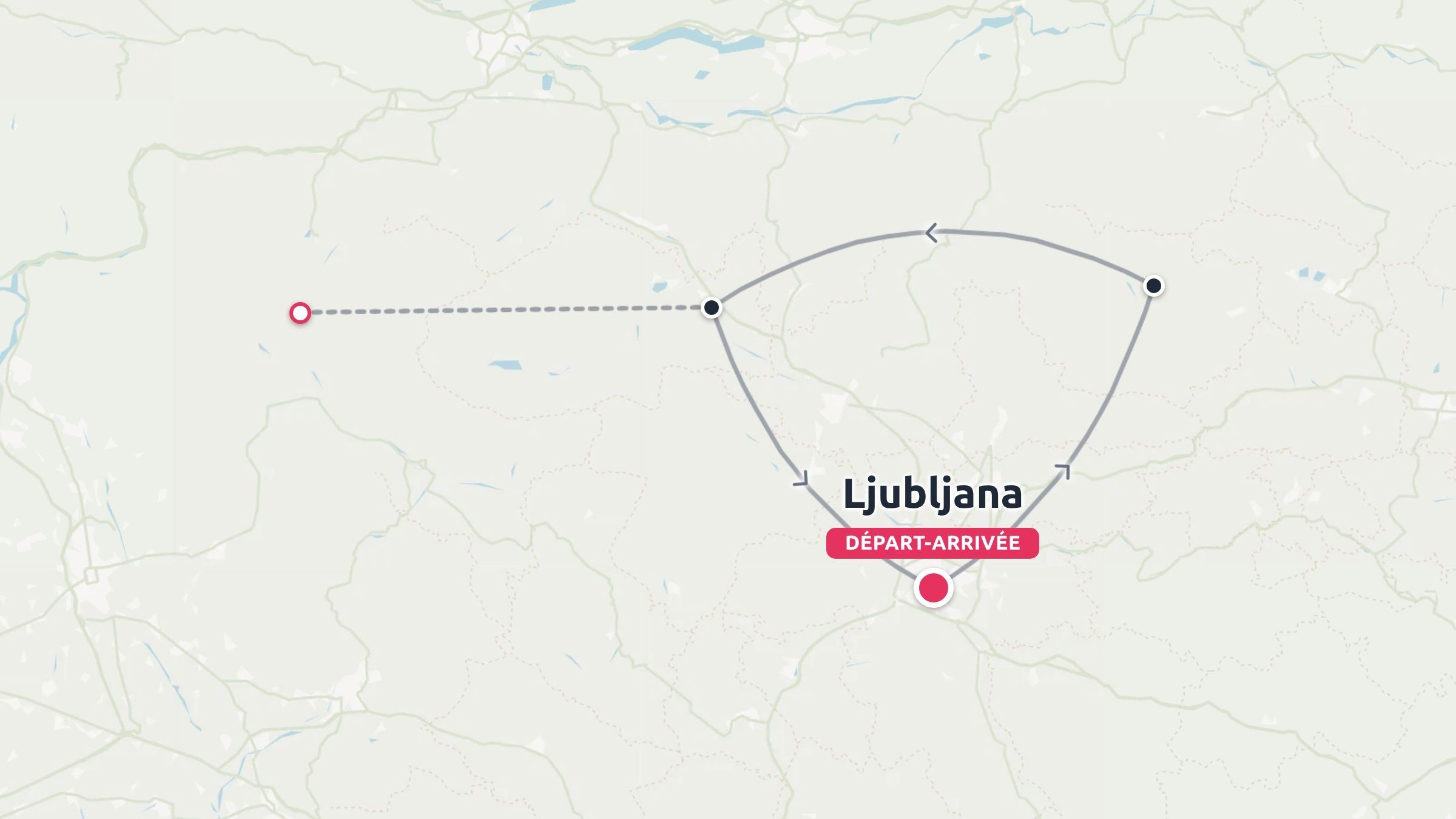 Une carte d'itinéraire de voyage affichant un parcours circulaire commençant et se terminant à Ljubljana.