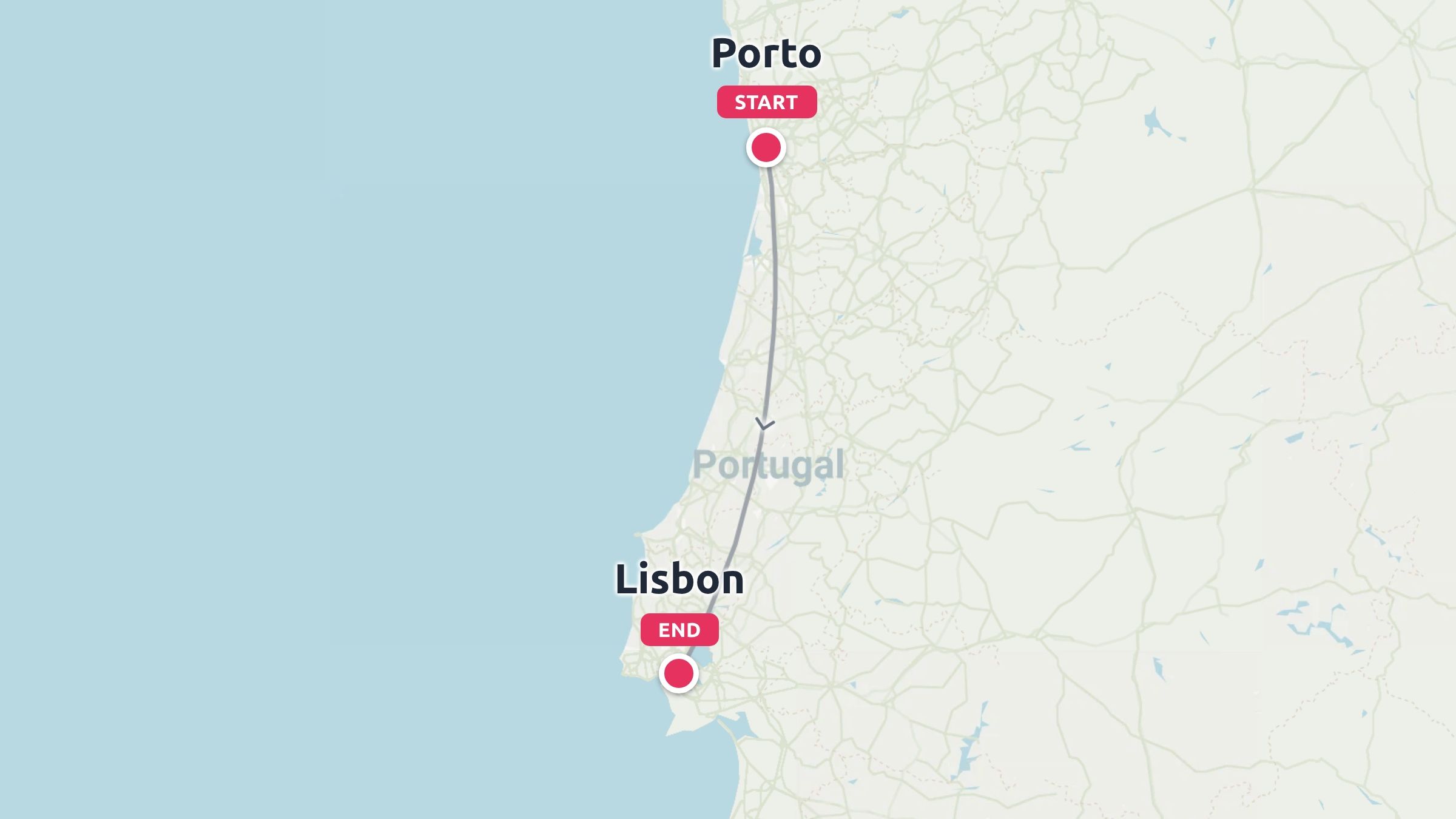 A travel route map of Portugal showing a path starting in Porto and ending in Lisbon.