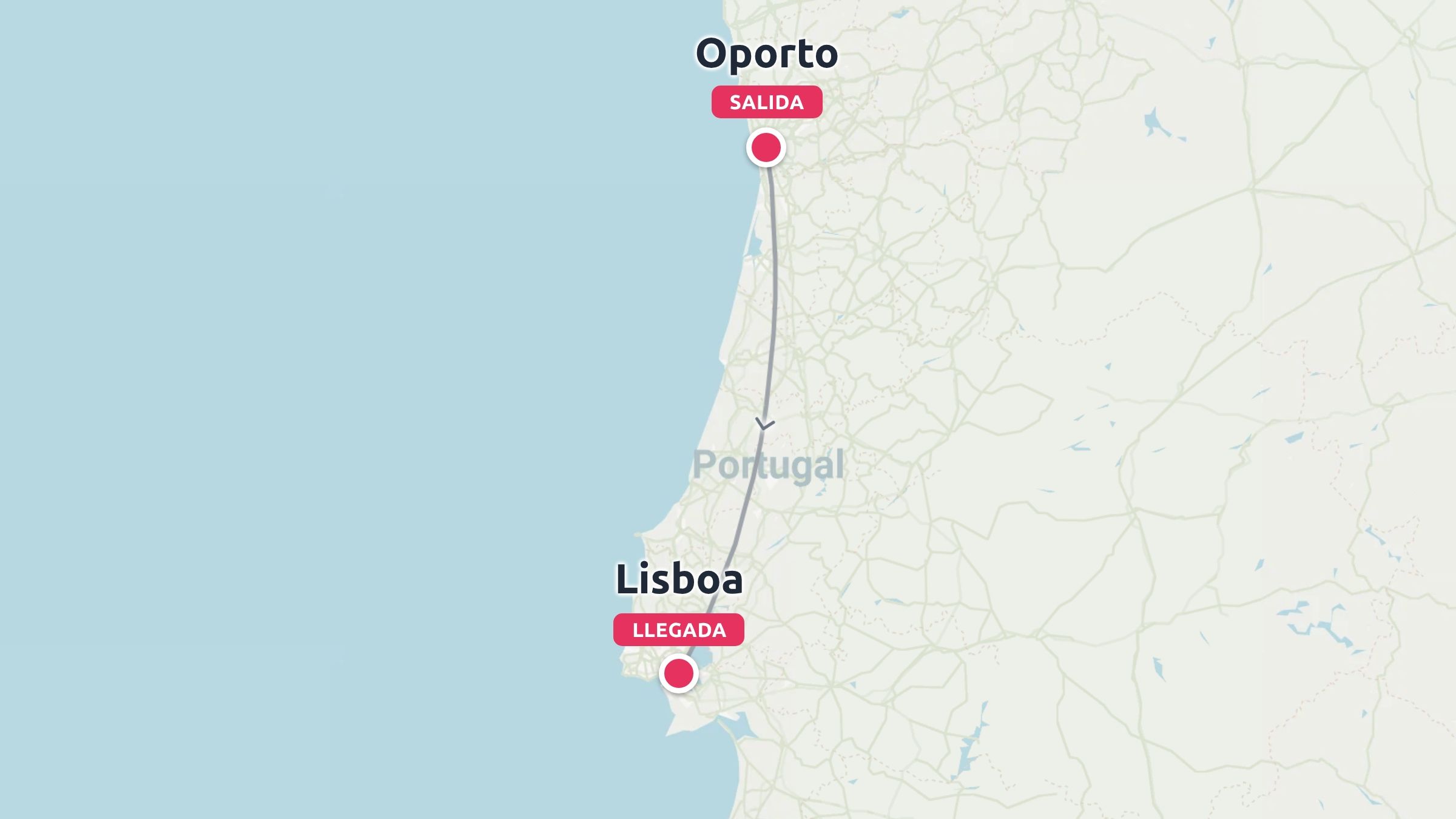 Un mapa de Portugal que muestra una ruta de viaje desde Oporto marcado como salida hasta Lisboa marcado como llegada.