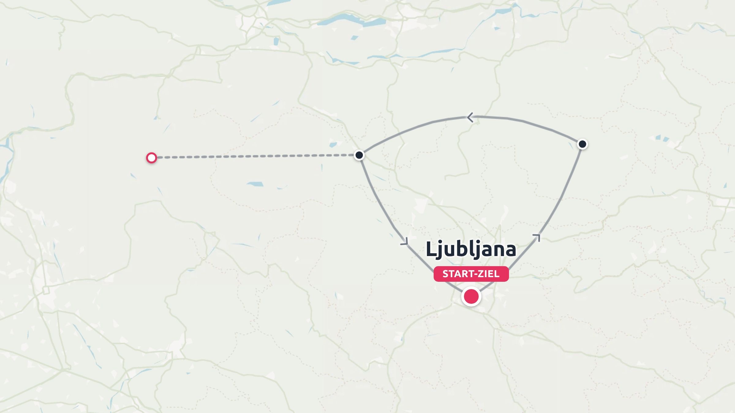 Eine Reiseroutenkarte, die eine dreieckige Schleife zeigt, die in Ljubljana beginnt und endet und als Start-Ziel markiert ist.