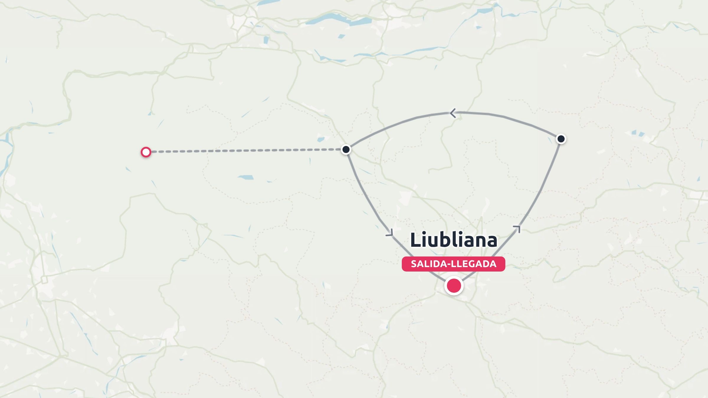 Un mapa de itinerario de viaje que muestra una ruta circular que comienza y termina en Liubliana con múltiples puntos de referencia marcados.