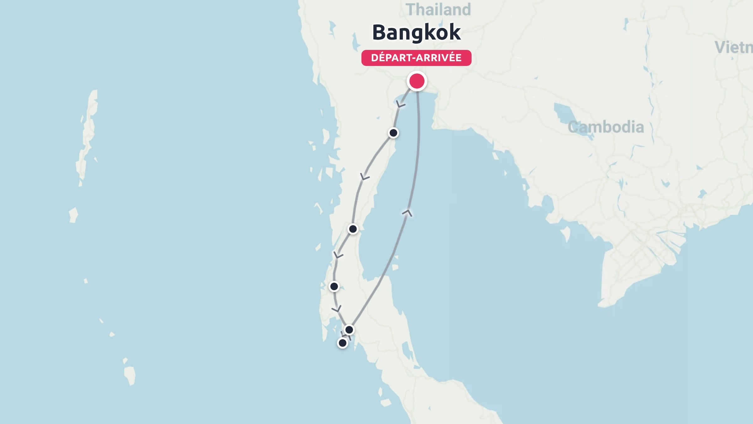 Un itinéraire de voyage en Thaïlande débutant et se terminant à Bangkok, formant une boucle à travers les régions côtières du sud.