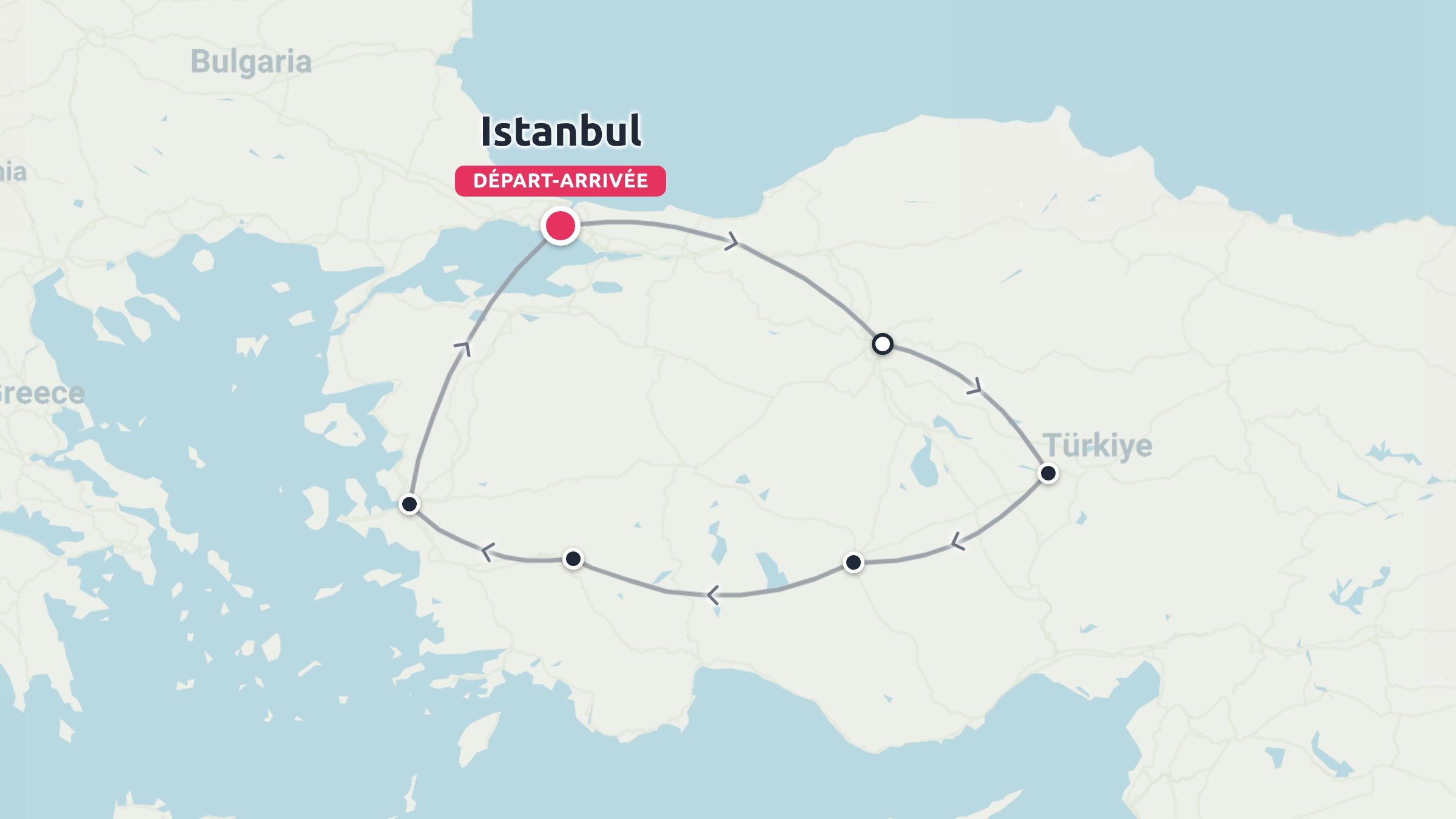 Une carte d'itinéraire de voyage en Turquie affichant un parcours circulaire débutant et se terminant à Istanbul avec plusieurs arrêts.