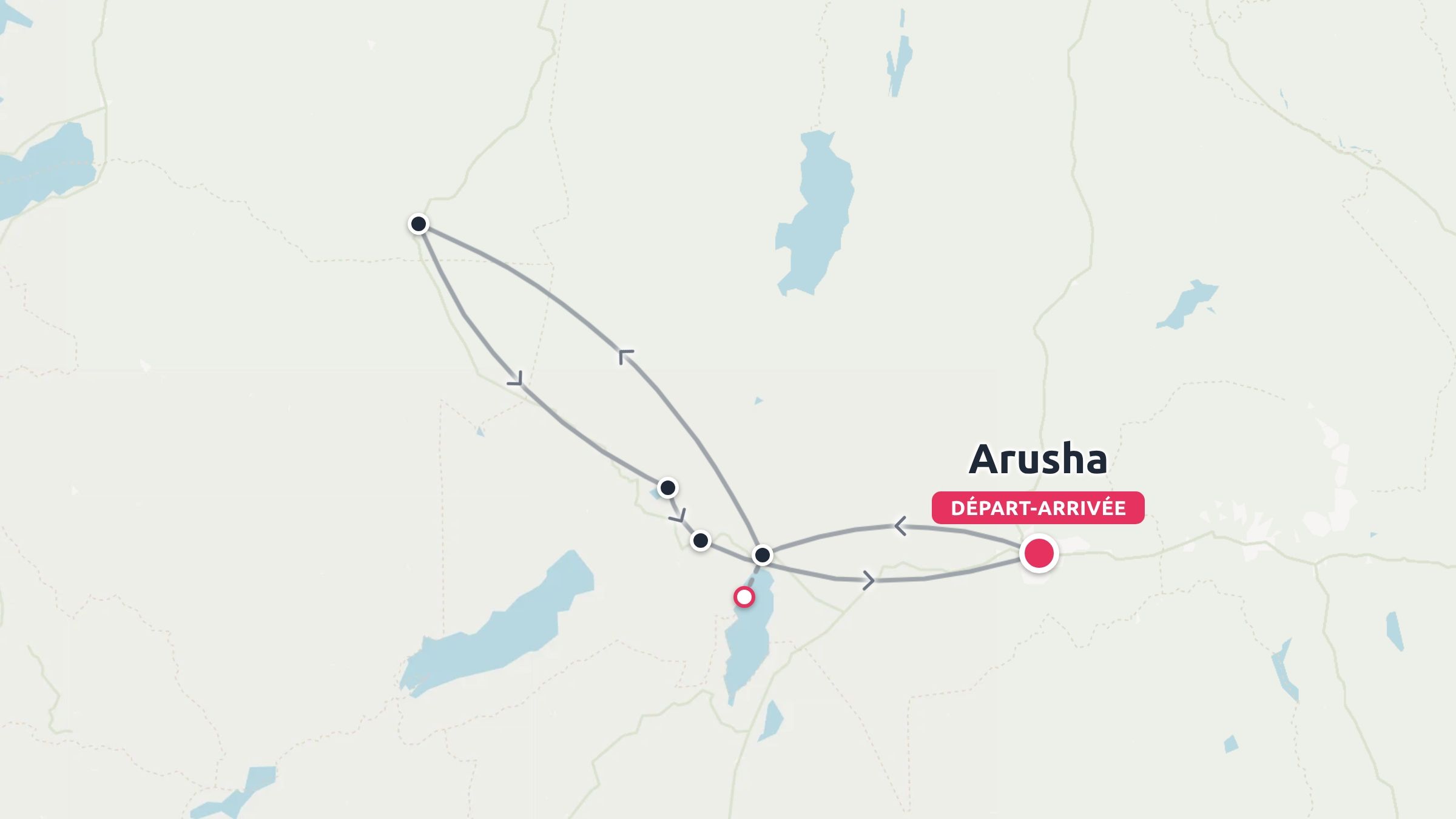 Une carte d'itinéraire de voyage montrant un circuit en boucle commençant et se terminant à Arusha, reliant plusieurs arrêts marqués par des épingles.