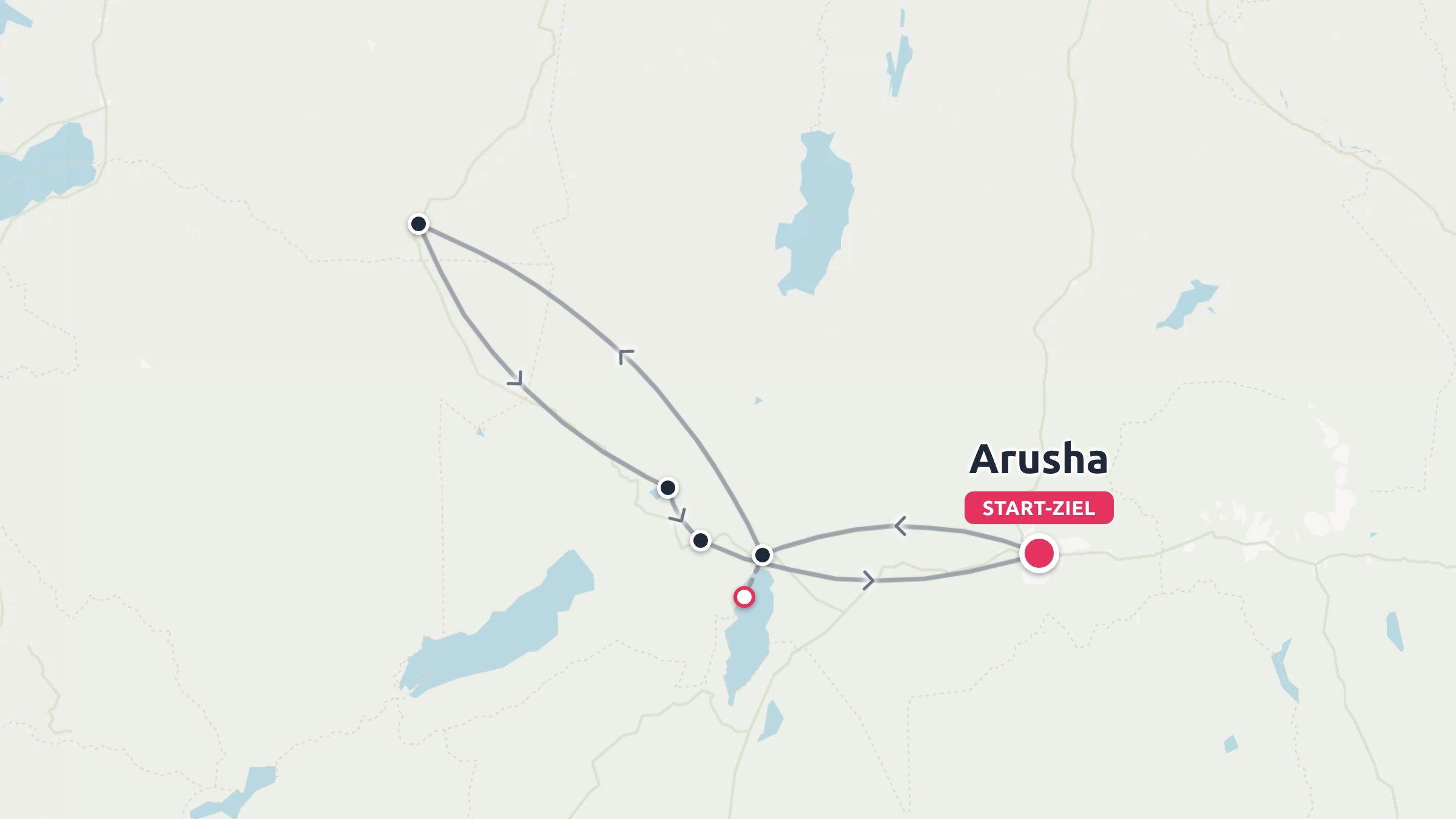 Eine Reisepasskarte, die eine Hin- und Rückfahrt mit mehreren Wegpunkten zeigt, die in Arusha beginnt und endet.